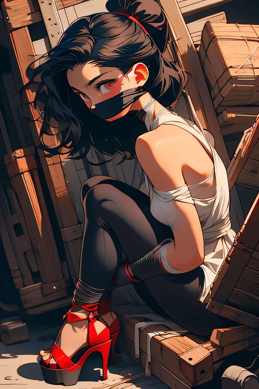 a close up of a woman in a red lingerie posing for a picture, wlop glossy skin, japanese goddess, sexy girl, seductive anime girl, translucent body, by Victor Wang, extremely detailed artgerm, wlop and artgerm, by Yang J, glowing red, sexy pose, rin tohsaka, by Jason Chan, oppai cyberpunk, high detail, high definition, dramatic scene, claustrophobic scenario, beautiful girl with shiny black hair, light orange dress, red sandals, hidden erect hard nipples, slender fitness body, wearing a tight and very short [[ligh-orange dress]], erect nipples, she is wearing high heeled red sandals that are tight around her ankles with thin leather straps, The girl is placed tightly into a large wooden trunk with wheels, she is pack-tied with extremely tight duct tape around her arms, legs and feet, arms behind her back, knees together, legs drawn up against her chest, supertight bondage package, she is tightly gagged with white cloth wrapped around her mouth, very tight against her features, her eyes are blindfolded in the same way with white cloth very tight against her face, she is shrunk inside a large trunk with wheels and tries to escape from that situation, seen from the side, her head points up, covered eyes,