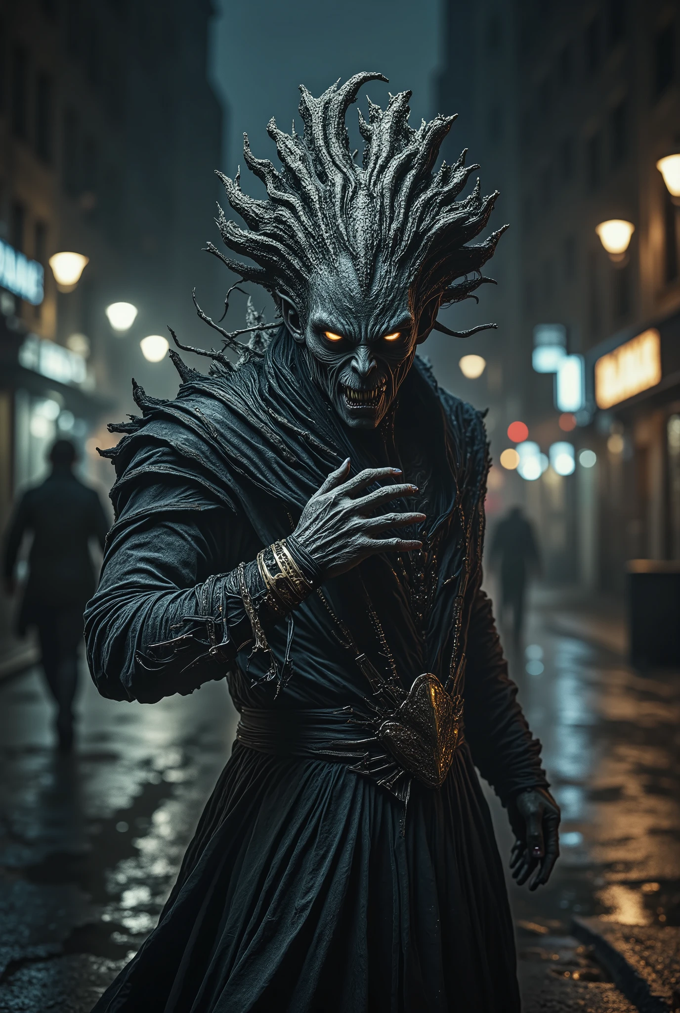 a monster model wearing cosmopolitan clothes of diverse styles. hyper detailed and intricate. with nuances in tones. photo shoot. hd, night, bokeh
