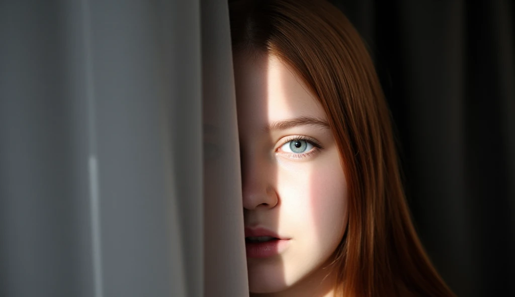 18 year old girl with straight red hair big blue eyes, a thin light comes into the room from the window, onto the model's face, shadow in the background, model behind the curtain, long hair, 1girl, three-quarter profile, portrait, camera eye level, pure white skin, clean skin, clean face, baby face, realistic face, real face, neutral looking, no smile, masterpiece, realistic, close face shot, cinematic, face details, b&w photography, monochrome photography,