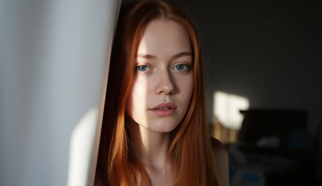 18 year old girl with straight red hair big blue eyes, a thin light comes into the room from the window, onto the model's face, shadow in the background, model behind the curtain, long hair, 1girl, three-quarter profile, portrait, camera eye level, pure white skin, clean skin, clean face, baby face, realistic face, real face, neutral looking, no smile, masterpiece, realistic, close face shot, cinematic, face details, b&w photography, monochrome photography,