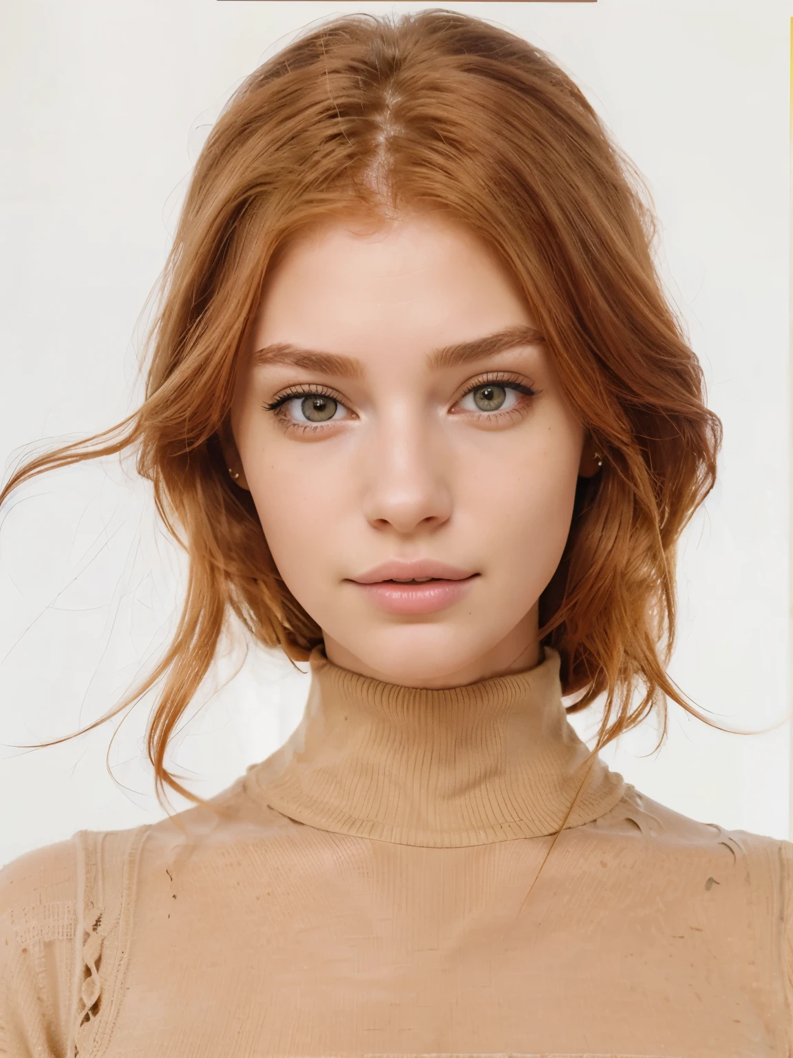 1 woman, (ginger hair), (auburn hair), straight hair, wearing a beige sweater, (inside a cafe at sunset), very detailed, angelical face look, amber eyes, high resolution, work masterful, best quality, intricate details, highly detailed, sharp focus, detailed skin, realistic skin texture, texture, detailed eyes, professional, 4k, charming smile, shot with Canon, 85mm, shallow depth of field, kodak vision color , perfect body fit, extremely detailed, photo_\(ultra\), photorealistic, realistic, post-processing, maximum detail, roughness, real life, ultrarealistic, photorealism, photography, 8k uhd