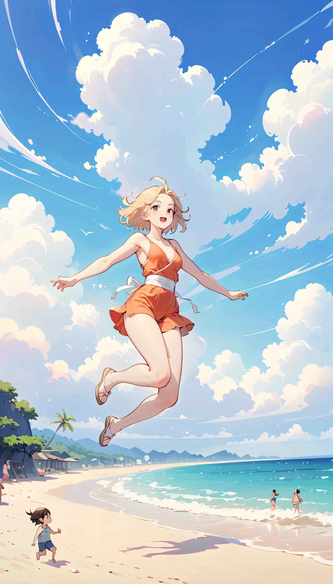 Santiago Carso style , jumping girl drawn in the lower right corner of the screen 【 flat coating 】- (( best quality)), illustration, Eva Poklevska as Mike Azevedo=Gojewo,Cartoon doodles , standing on the beach 、 White Clouds ,Acrophobia,whole body, 30 years old, japanese lady,
