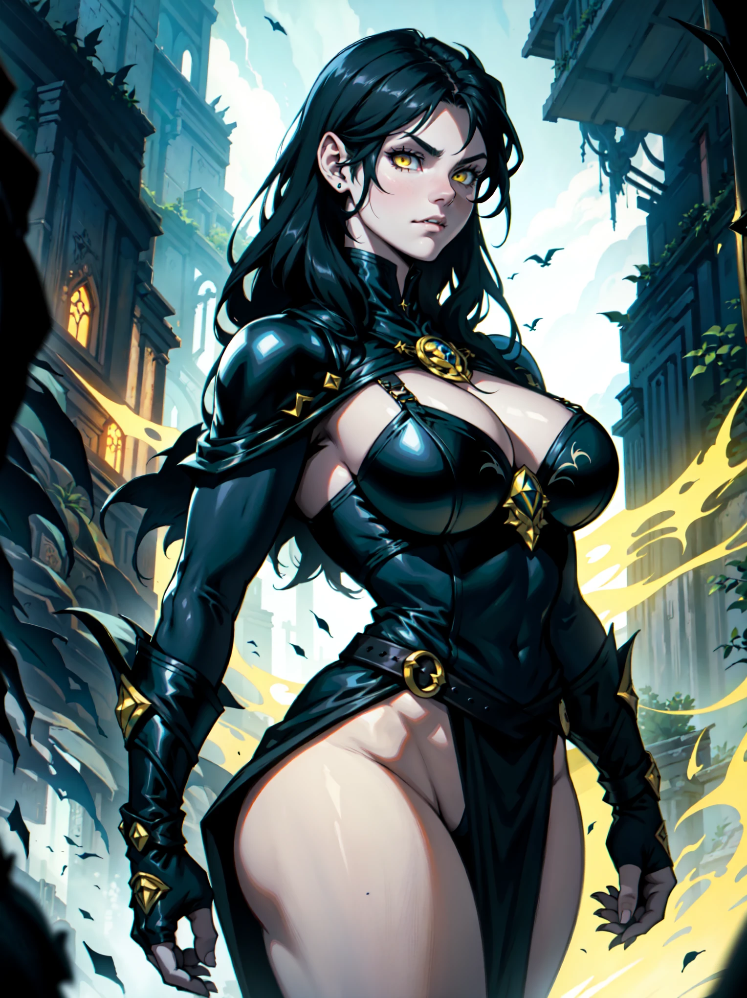 Portrait, Masterpiece, Excellent, 1girl, solo, complex details, color diffusion, comic book, anime, marvel, DC, close-up, dark skin, ebony, brown skin, dark-skinned female, thighs, cat ears, black hair, dark hair, braided hair, purple eyes, skimpy attire, epic attire, , NSFW, assassin, badass, deadly and sexy, demon goddess, Super Villain, Sci-Fi, Fantasy