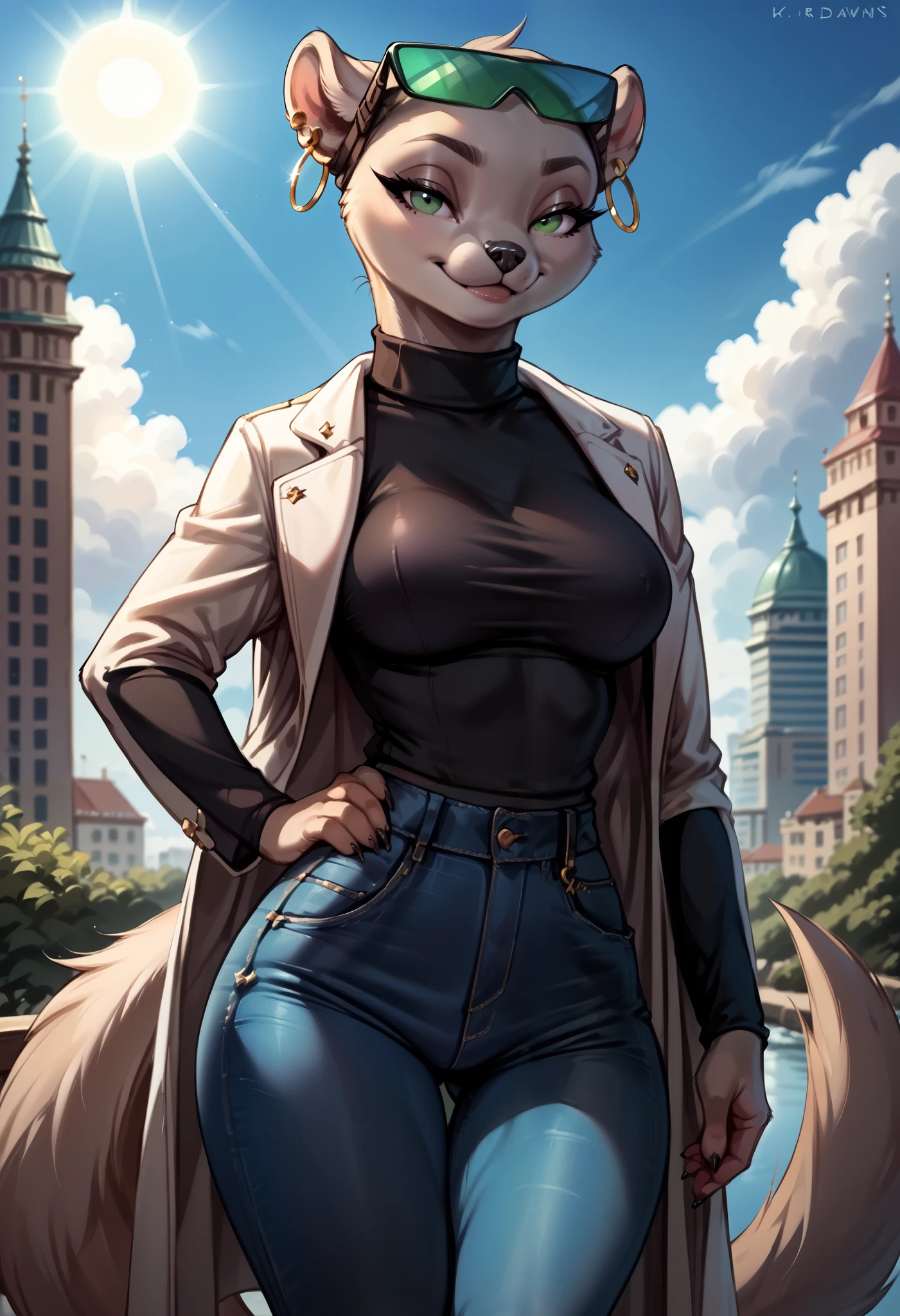 [marie itami], [brand new animal], [Uploaded to e621.net; (wamudraws), (Pixelsketcher)], ((masterpiece)), ((HD)), ((high res)), ((solo portrait)), ((waist-up)), ((front view)), ((furry; anthro)), ((detailed fur)), ((detailed shading)), ((beautiful render art)), ((intricate details)), {anthro mink; grey fur, black nose, (cute green eyes), (detailed iris), (long eyelashes), (long tail), (curvy hips), (detailed legs), (beautiful legs), (smug smirk), (relaxed expression)}, {(black turtleneck sweater), (white coat), (tight jeans), (green sunglasses on head), (gold hoop earrings)}, {(standing), (hand on hip), (looking at viewer)}, [background; (city), (clouds in sky), (blue sky), (sun rays), (ambient lighting)]