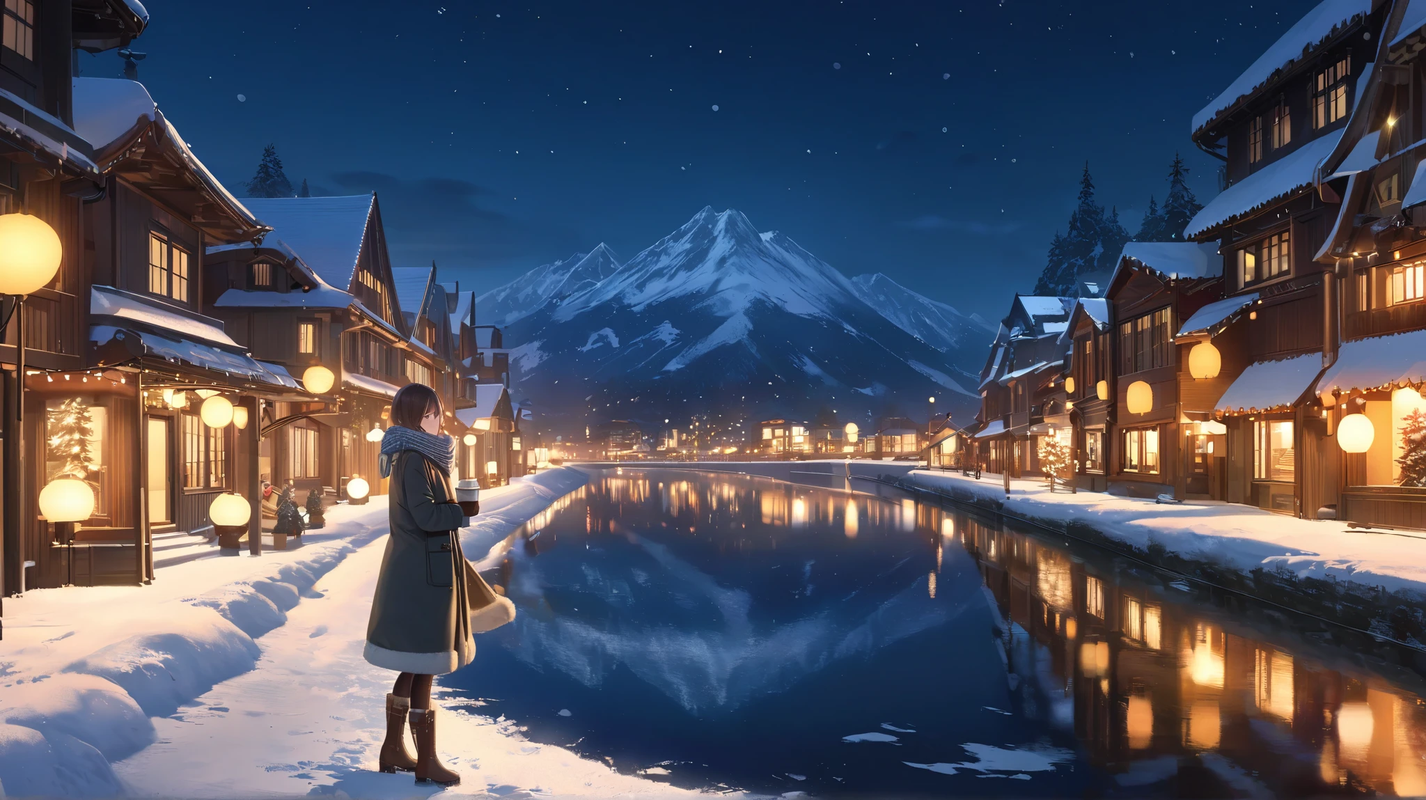 A stunning winter cityscape featuring a brightly lit canal surrounded by snow-covered buildings and glowing lanterns reflecting off the water. The sky is deep blue, with the mountains in the background adding depth to the scene. In the foreground, a young girl is standing on the snowy sidewalk, gazing at the serene view. She is dressed warmly in a stylish winter coat, scarf, and boots, holding a cup of hot chocolate. Her posture conveys awe and contentment as she takes in the magical ambiance of the illuminated winter evening. Ultra-high resolution, photorealistic quality, capturing the intricate details of the snow, lights, and reflections