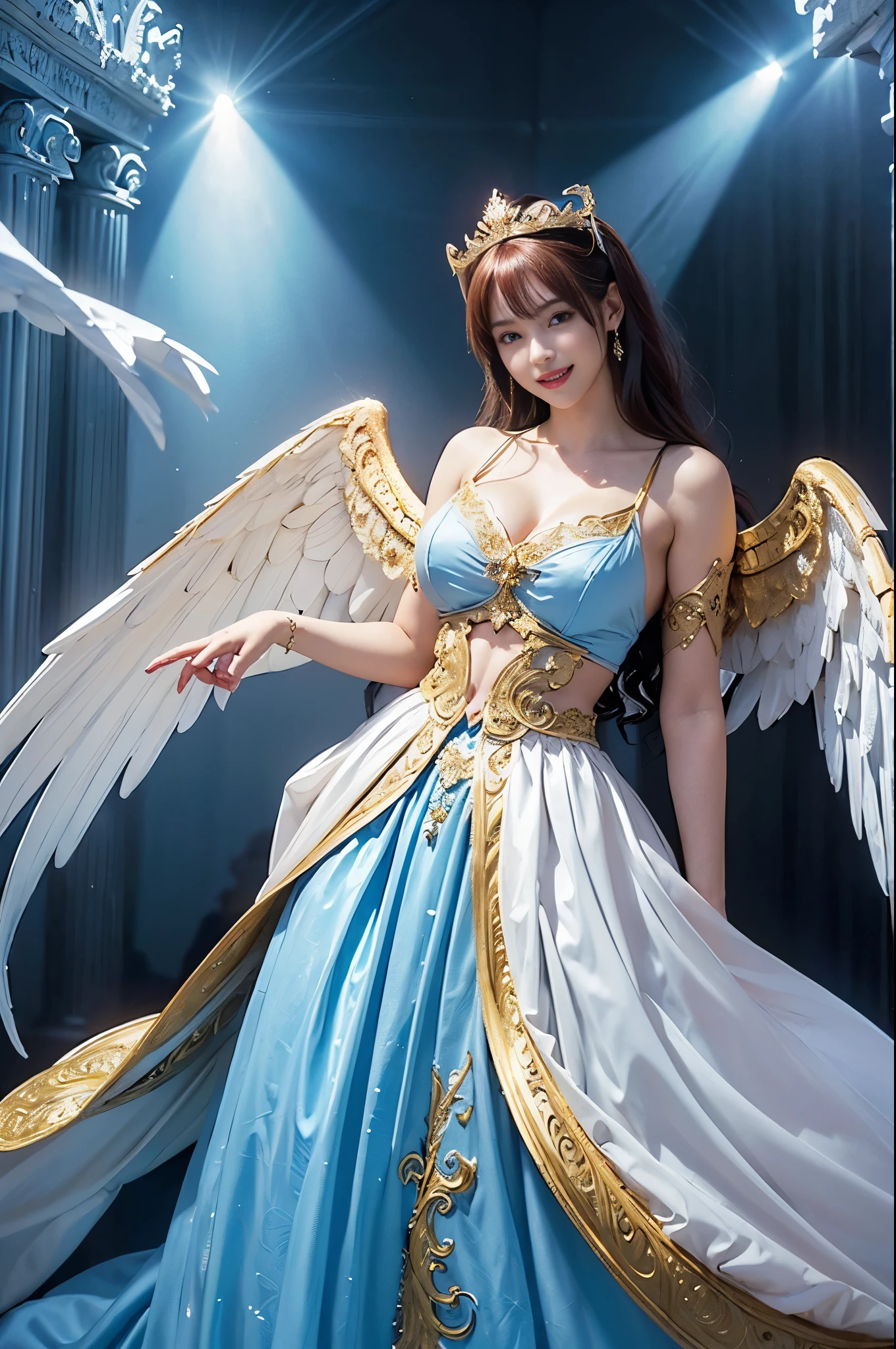 ((Very beautiful angel queen,The final form as a perfect angel, the masterpiece of an angel,Huge and intricate angel wings,The most dignified wings,Golden light,shining background,The most opulent and holy temple background,White and gold temple background,King of Angels,The most dignified angel,Intricate and solemn dresses,Light blue and gold embellishment dress on white,Light blue and gold dress on white base,Complex and majestic angel figure,The most majestic figure of the devil,The most intricately depicted figure of an angel,The World's Most Beautiful,Unimaginable beauties,divine atmosphere,The most intricate and beautiful dresses,Intricate reproduction of the perfect angelic detail,The figure of an unimaginably gorgeous angel,The figure of an unimaginably huge angel)), (((Tyndall effect;1.45))), ((Most beautiful face,Half Japan and half Spanish,The biggest happy smile,Beautiful wavy hair,Black and red hair,The most luxurious and intricate dresses,The biggest smile looking at the camera)),(Elegant standing figure,Fold your hands in front of your navel,)),Chest that seems to burst,Giant wings of angels,The background is the appearance of a perfect angel castle,Masterpiece,8K,very intricate,ultra-detailliert, nsfw