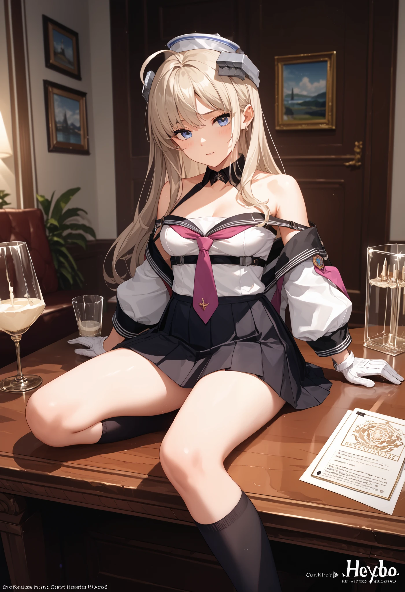 (masterpiece:1.2, highest quality), 1 female, alone, school uniform,blonde,ponytail, red eyes, (black skin),open chest,Big breasts,beautiful hands,beautiful fingers,luxury chair,sit with knees close together,beautiful legs
