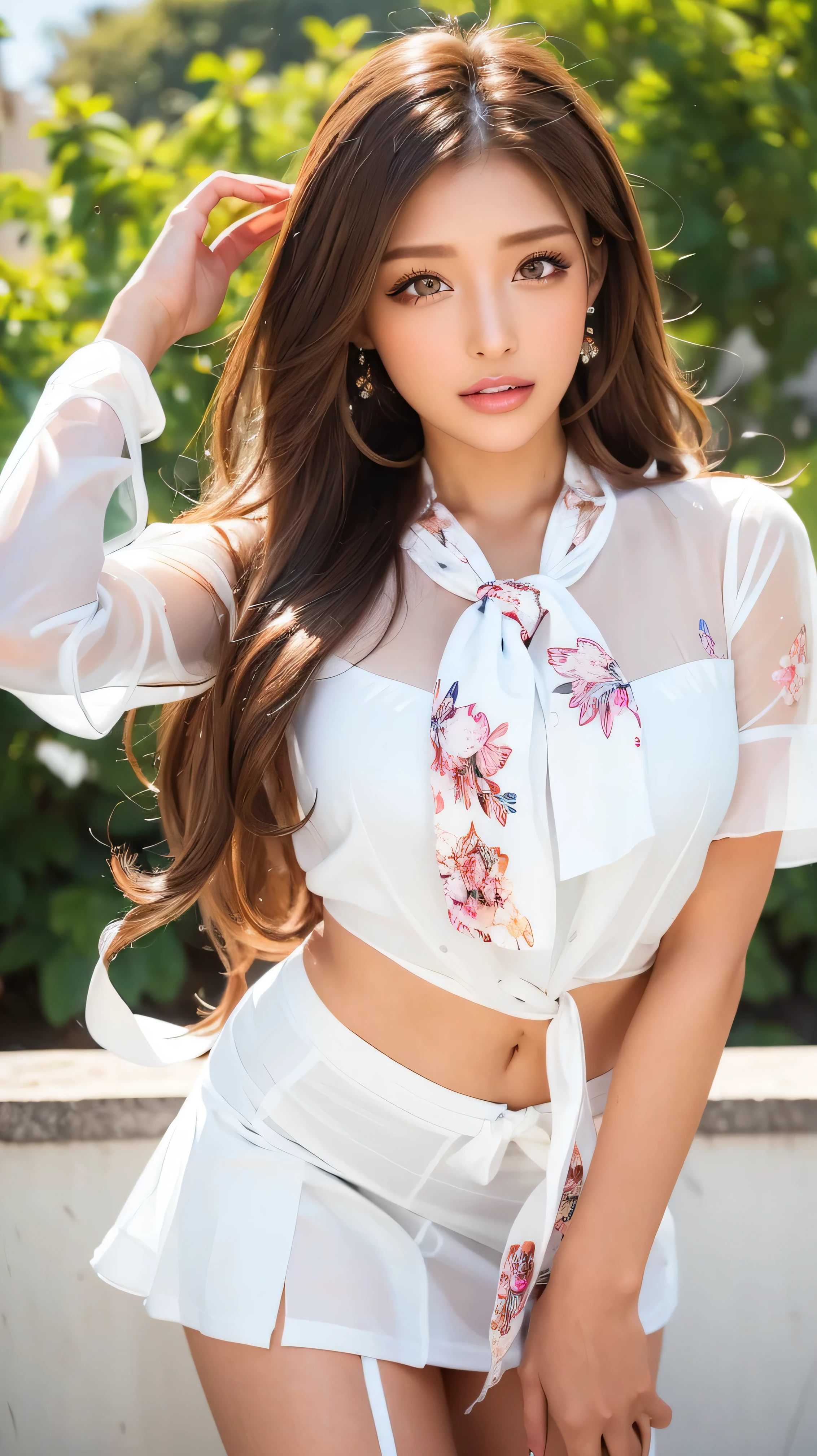 (cowboy shootout 、best quality 、8kAward-winning work 、 Ultra Fine)、beautiful woman、bright color contacts 、Perfect gal makeup、Bright and shiny lipstick、Very sexy lips、(Very Heavy Women's Makeup :1.2)、(My eyes are dark brown beige :1.1)、beautiful bright eyeshadow、Apply Heavy Makeup Focusing on Eyes 、(medium breasts:1.2)、very long wavy hair、(Romantic affection:1.1)、、 ultra HD hair、( Ultra Fine Perfect Beautiful Teeth:1.1)、BEAUTIFUL ULTRA HIGH RESOLUTION FACE ,ultra HD curls super long hair ,crystal clear bang 、Ultra HD Shining Eyes、Shining Ultra Fine Beautiful Skin 、 Ultra Fine's glossy lips、((wearing Floral blouse with ribbon tie:1.3)),((Wearing white transparent hyper short mini skirt:1.3))