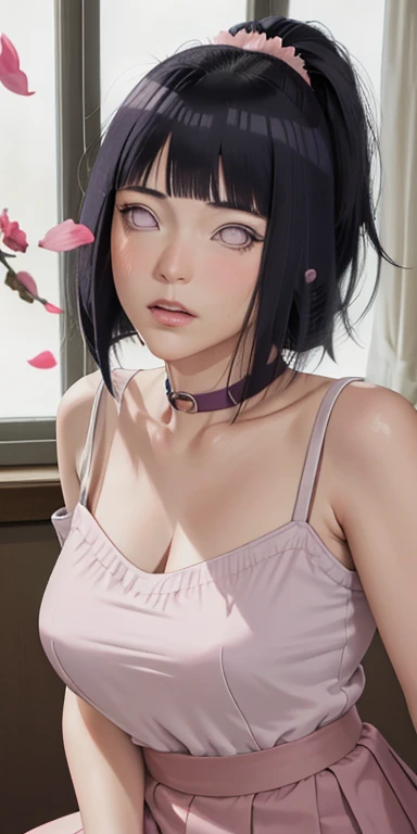 masterpiece, absurdres, hinata\(boruto\), 1girl, solo,mature female, off-shoulder oversized shirt, looking at viewer, (falling petals), perfect composition, detailed lips, big breast, beautiful face, body propotion, blush, (pink lips), long hair, purple eyes, soft gaze, super realistic, detailed, photoshoot, realistic face and body,