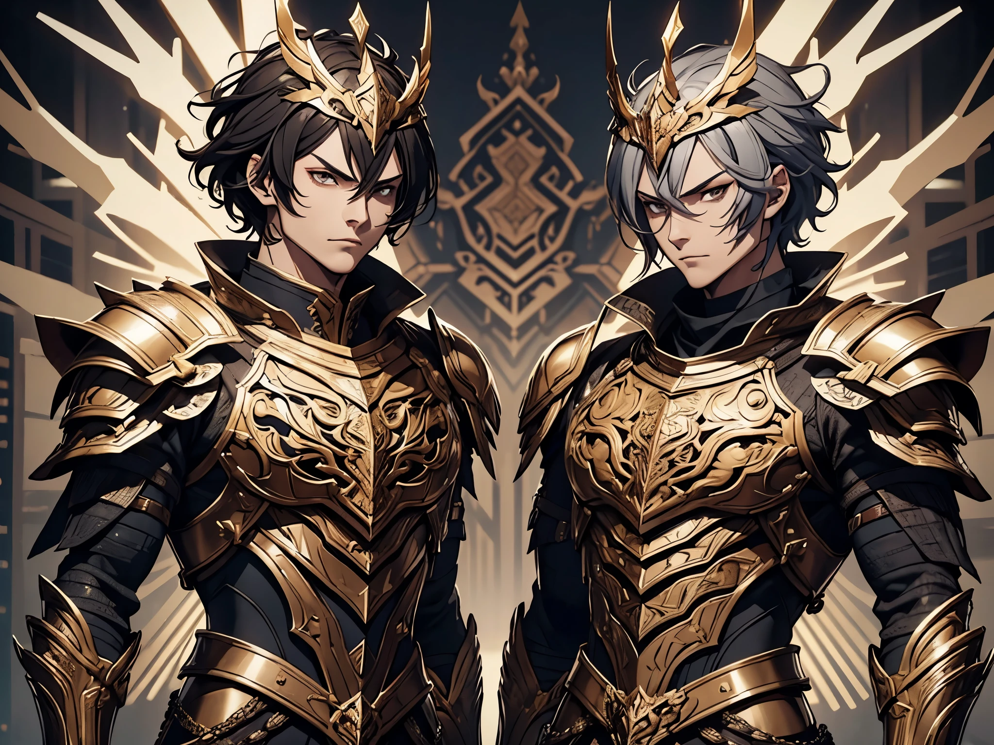 2 men. height 1,80. Twin brothers. 27 years old. full body costume. strong. short brown hair. loose hair. Lightweight combat armor , silvery, with details in the color black . tribal tattoos on the body. haughty look. bright brown eyes . detailed eyes . mature countenance. Wide Face