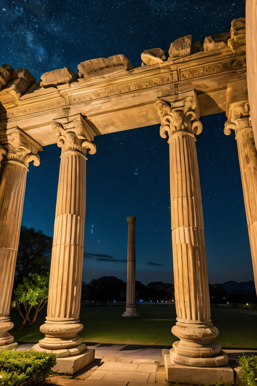 Ancient Ruins、large white pillar、temple、They are evenly arranged on the left and right、 facing front、column only 、night、 starry sky 、 column center