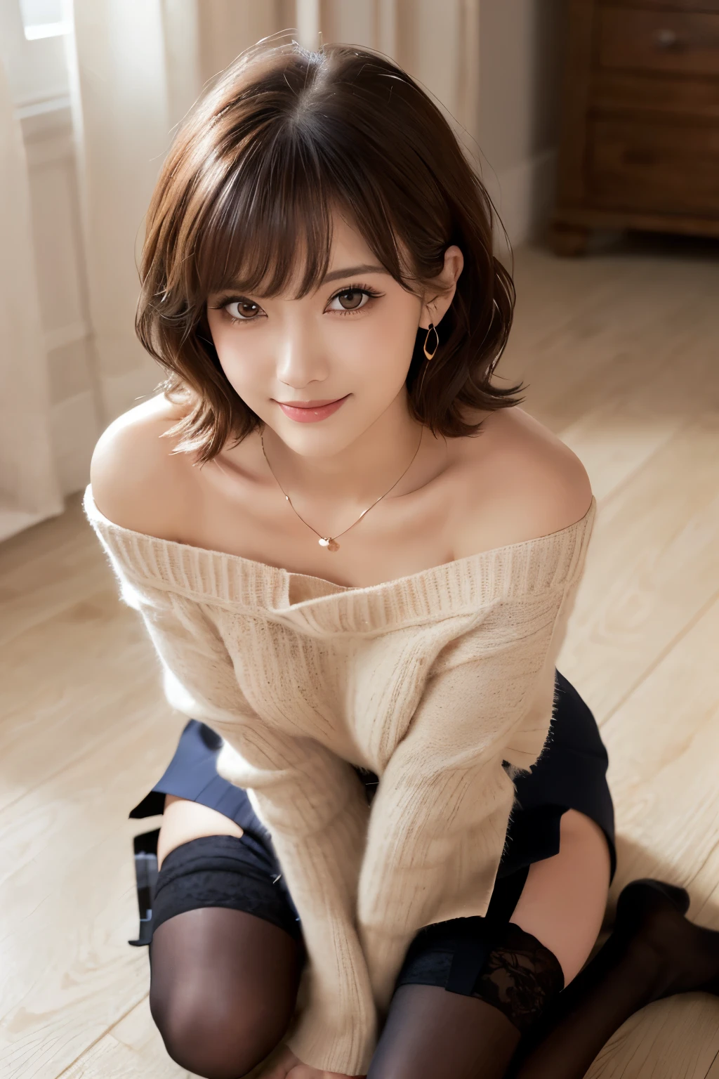 highest quality, 8k, High resolution, masterpiece, Best Photos, (Slim figure), Hourglass-shaped body shape, 1 Japanese female, Fine and beautiful eyes, Very detailed, Detailed face, In the hotel lobby, Photo from the waist up, short hair, Lightweight plain knit sweater, Small breasts, (View your viewers)