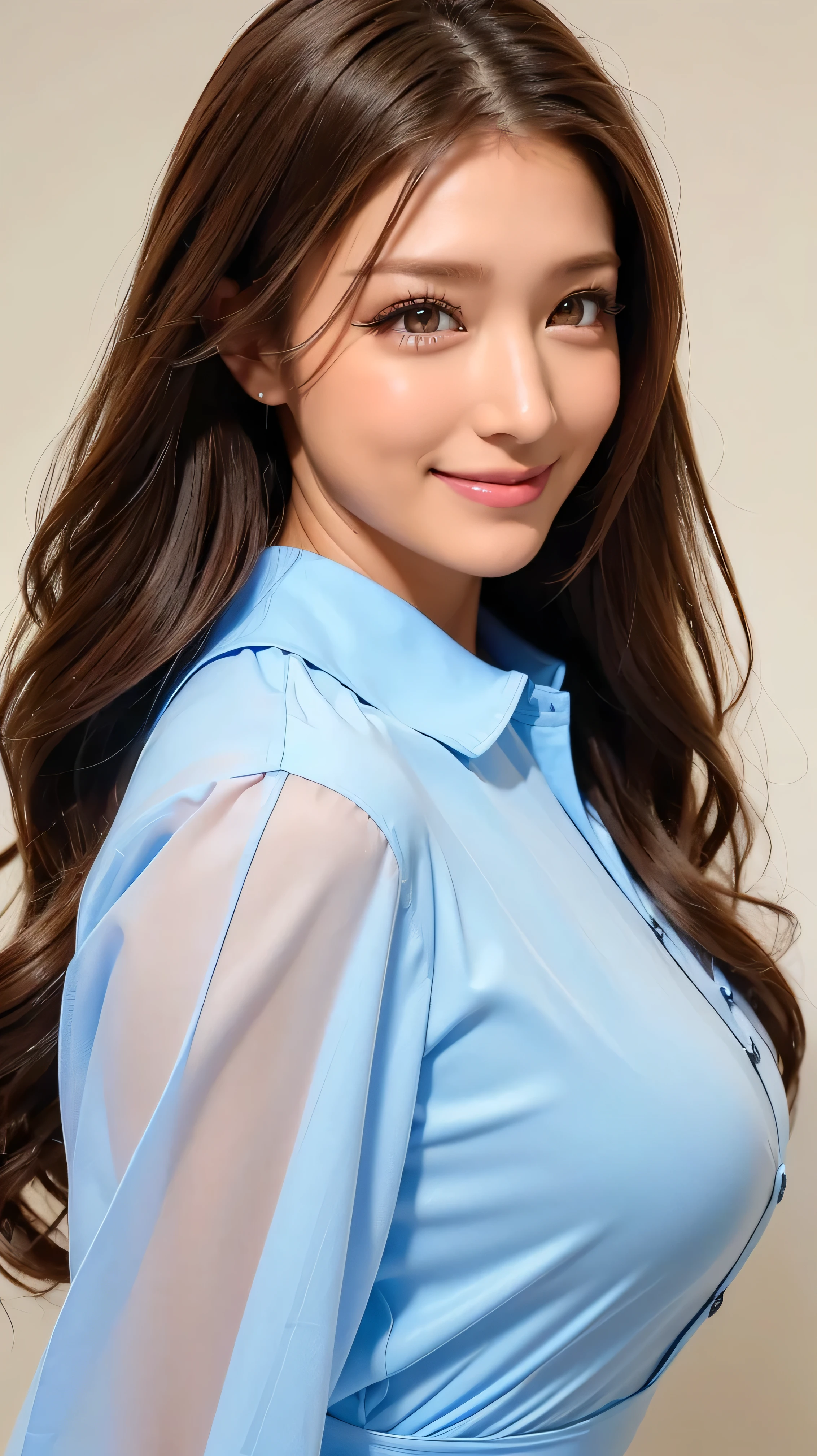 ( cowboy shootout 、 best quality 、8k、 Award-winning work 、 Ultra Fine)、 beautiful woman、、 bright color contacts 、Perfect gal makeup、Bright and shiny lipstick、Very sexy lips、( Very Heavy Women's Makeup :1.2)、( My eyes are dark brown beige :1.1)、 beautiful bright eyeshadow 、 Apply Heavy Makeup Focusing on Eyes 、( medium breasts:1.2)、 very long wavy hair、(Romantic affection:1.1)、 I have the best smile when I look in the mirror , Accurate Anatomy、 ultra HD hair、( Ultra Fine Perfect Beautiful Teeth:1.1)、BEAUTIFUL ULTRA HIGH RESOLUTION FACE 、 ultra HD curls super long hair 、 crystal clear bang 、Ultra HD Shining Eyes、Shining Ultra Fine Beautiful Skin 、 Ultra Fine's glossy lips、(((( mini button-up dress with collar 、 The hem is pleated , is made of lightweight transparent material . open collar design with the first button in a typical second button position. The dress is blue all over , has a white collar and cuffs . The cuffs have 2 buttons , balloon sleeves are plump :1.3))