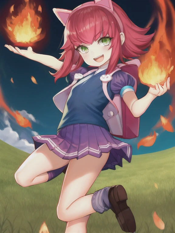 yukino minato, masterpiece, full body, fire, annie \(league of legends\), league of legends, 1girl, puffy sleeves, short sleeves, pleated skirt, animal ears, backpack, bag, bangs, fake animal ears, flat chest, green eyes, looking at viewer, standing, pink hair, mary janes,<lora:annieFromLeagueOf_annieV1:.6>, <lora:yukinominato_v2-000002:1>