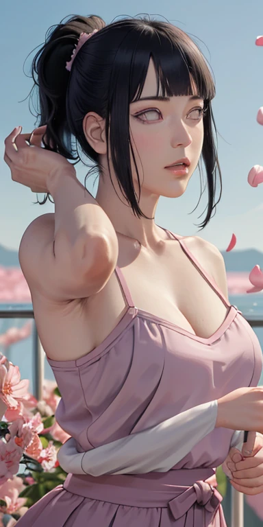 tmasterpiece, hoang lap, hyouka\(Boruto\), 1girll, solo,a mature female, Purple slip dress,cleavage,Large breasts,Brown pants,exteriors,Lavender flower field, looking at viewert, (Falling petalostly cloudy sky, perfect compositions, Detailed lips,, beauitful face, Body support, Be red in the face, (redish pink lips), long whitr hair, White eyes, Soft gaze, Sad smile, Super realistic, A detailed, photoshoot, Realistick faces and bodies, photo-realistic hair, photorealistic eye,realistic nose,realistic lips, nipples, cameltoe, (arm behind head:1.5), armpits, (((very sweaty armpits)))