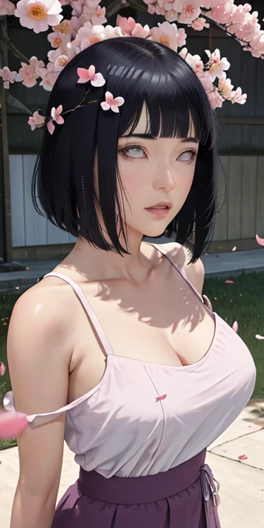 masterpiece, absurdres, hinata\(boruto\), 1girl, solo,mature female, apron nude, looking at viewer, (falling petals), perfect composition, detailed lips, big breast, beautiful face, body propotion, blush, (pink lips), long hair,  purple eyes,  soft gaze,  super realistic, detailed, photoshoot, realistic face and body,