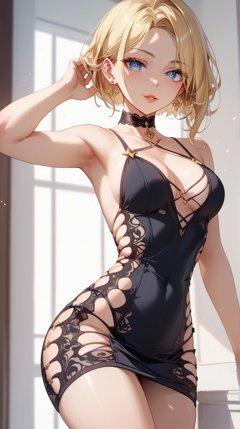 Beautiful 13y old young girl with short straight blonde hair with blue eyes wearing Tight Dress, Sexy Criss Cross Mock Neck Short Sleeves Dress, luxurious jewelry and a luxurious necklace, 18k gold wedding ring on left hand, standting in her fiiting room at night, (caucasian skin), (light brown lipstick), (elegant mascara), (slim body), (small breasts), (wide hips), midjourney, <lora:GoodHands-, <lora:GoodLegs-, <lora:GoodEyes-, UHD, high resolution, (expressive eyes, perfect face, full body, expressive face, perfect body, perfect pussy, athletic, fit, slim body, blushing, Perfect makeup, eyeliner, beautiful eyelashes, smiling, horny face), ((best illumination, best shadows)), ((sexy pose))
