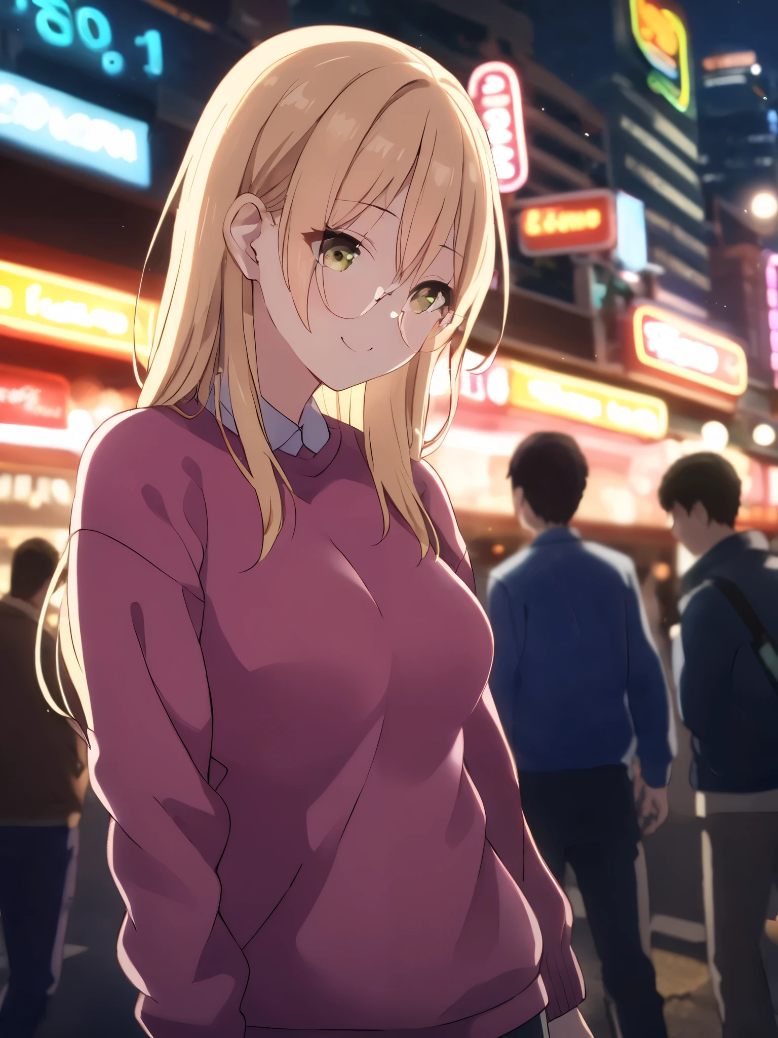 , long hair , smile, blond hair , foreground, cinematic dust ,Canon PowerShot  , bokeh,film grain, motion blur, soft lighting ,  neon lights , Ultra high definition ,8K,ultra-sharp , body masterpiece,  City street, night, wearing a sweater ,low brightness , dimly illuminated  