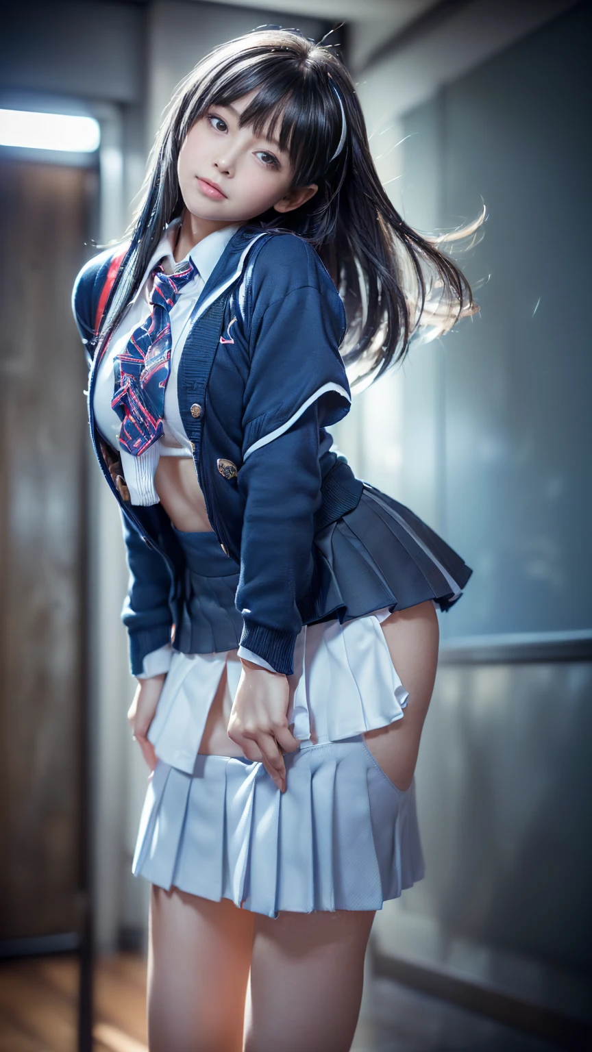 (((no glasses))), 1girl, ((())), (((huge bureast:1.5))), brown ponytail, ((looking own skirt)), (blush:1.5), ((shy face:1.5)), ((beautiful anime eyes with fine detail)), realistic skin, (intricate details), (((white blouse))),(((navy blue pleated skirt))), (tie), socks, nsfw, ((wind lift)), upskirt, A strong wind blows from below, white panties, skirt turned up, best lighting, depth field, ((ultra high resolution, high res)), {highres}, {{very fine 8KCG wallpapers}}, {{very precise detailed}}, ((((masterpiece)))), detailed Tokyo streetscape