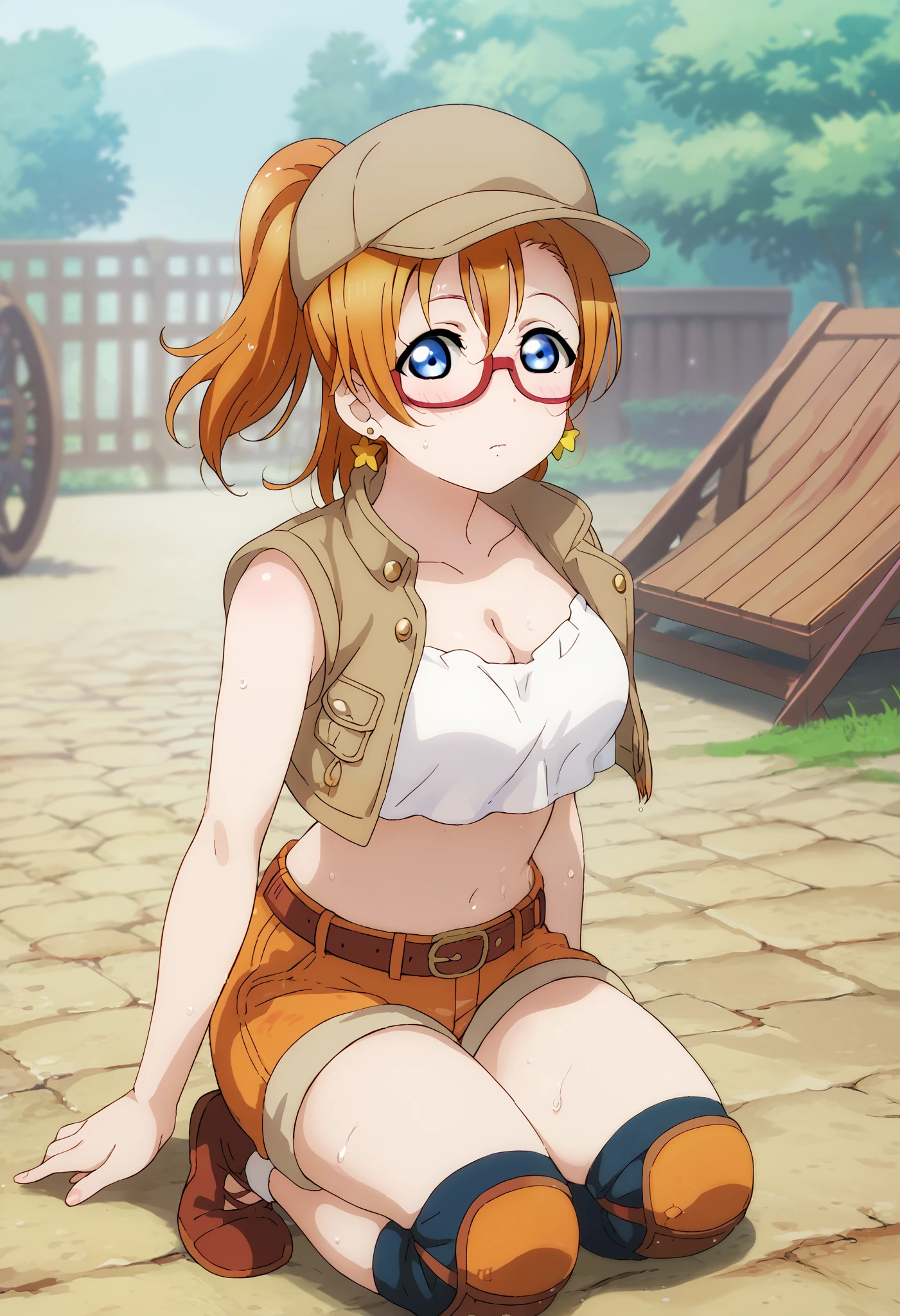 (Masterpiece, Best Quality, High Quality), anime style, , love live,kousaka honoka , kousaka honoka,id_honoka_kosaka,love live, blue eyes, orange hair, glasses, medium hair, ponytail, crop top, hat, jacket, knee pads, shorts, sleeveless, navel, belt,8k wallpaper, looking at viewer, earrings, outdoors, erotic figure, (blushing:1.2) , sweating, big breasts, cleavage,dbp