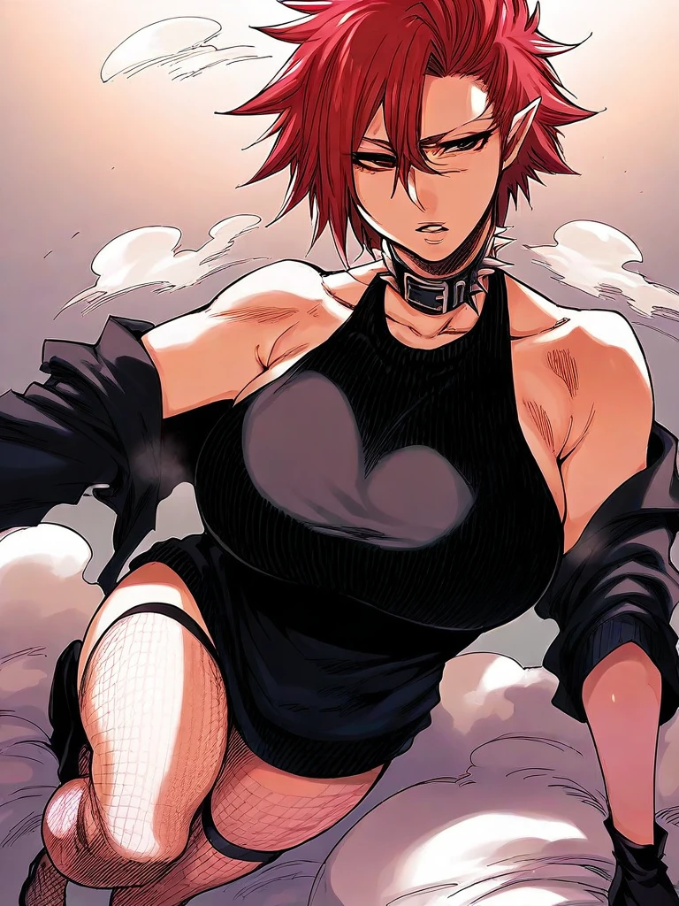 50-year-old woman, large half-dragon with an angry face, dark red hair long and curved at the ends with an eye patch on one of her eyes and a pair of black horns, no clothes on, with a muscular abdomen and a dragon's tail and a purple and gray ax