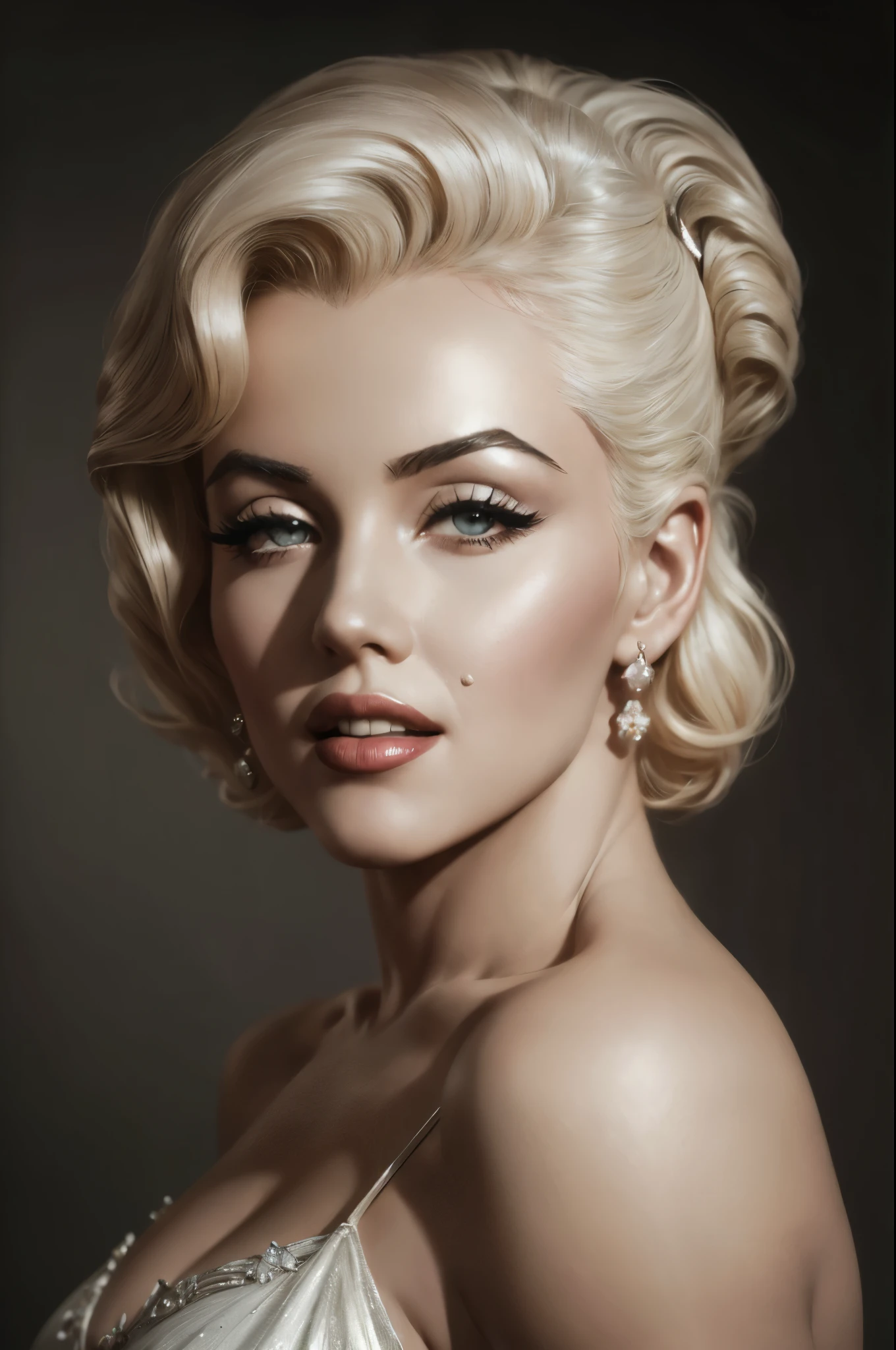 (A high resolution,Best quality,Realistic),(Portrait,Character)' Marilyn Monroe,(Side view:1.1),Portrait in (Classic charcoal style:1.2) with (Fine, detailedshadows:1.1),The image is (Exceptional quality:1.2), with (Clear's lines:1.1) and (Subtle tones:1.1) Create an (true to life:1.37) . the lighting is subdued，full body visible, full figure in photo, hollywood style, award winning photo, professional lighting, perfect use of lights, (Natural:1.1), Emphasize the contours of his face，adding depth to the overall composition.This artwork captures the beauty and elegance of a ager, artgerm