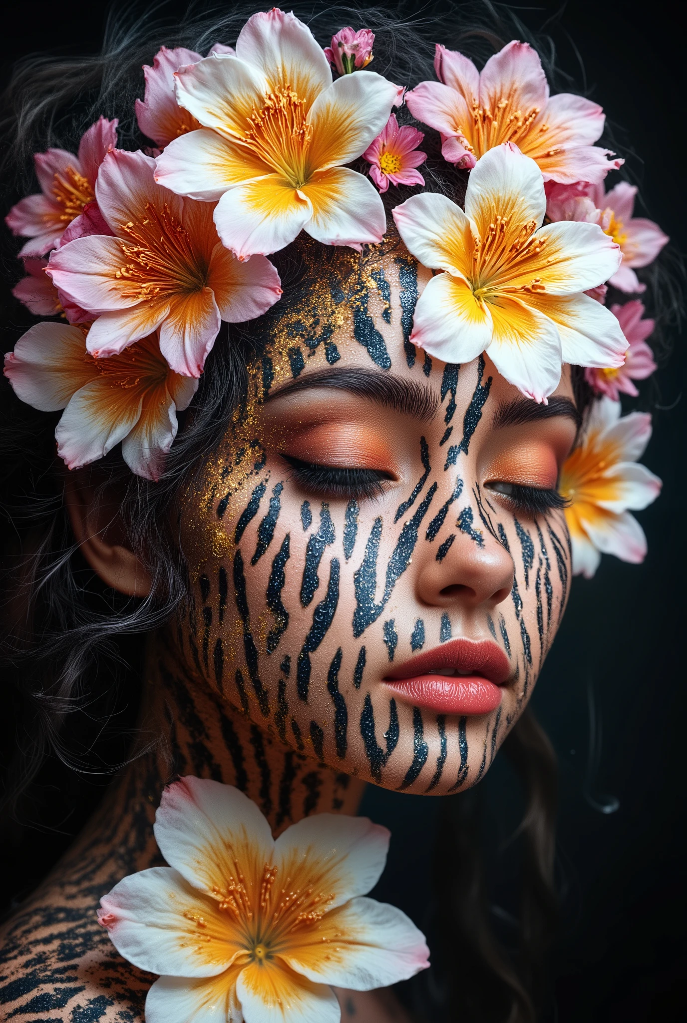 Image is a digital artwork featuring a surreal portrait of a human face intertwined with vibrant flowers. The style is abstract and colorful, with a dark background that accentuates the vivid hues. The face is painted with zebra-like black and white stripes, while the eyes are closed, adorned with bright orange and gold eyeshadow. The lips are a striking orange, complementing the overall color scheme. Surrounding the face are large, exotic flowers with white petals and vivid pink and yellow centers, creating a dynamic and flowing composition. The flowers and stripes blend seamlessly, giving the image a dreamlike quality. The layout is vertical, focusing on the face and flowers, with swirling elements adding movement and depth.