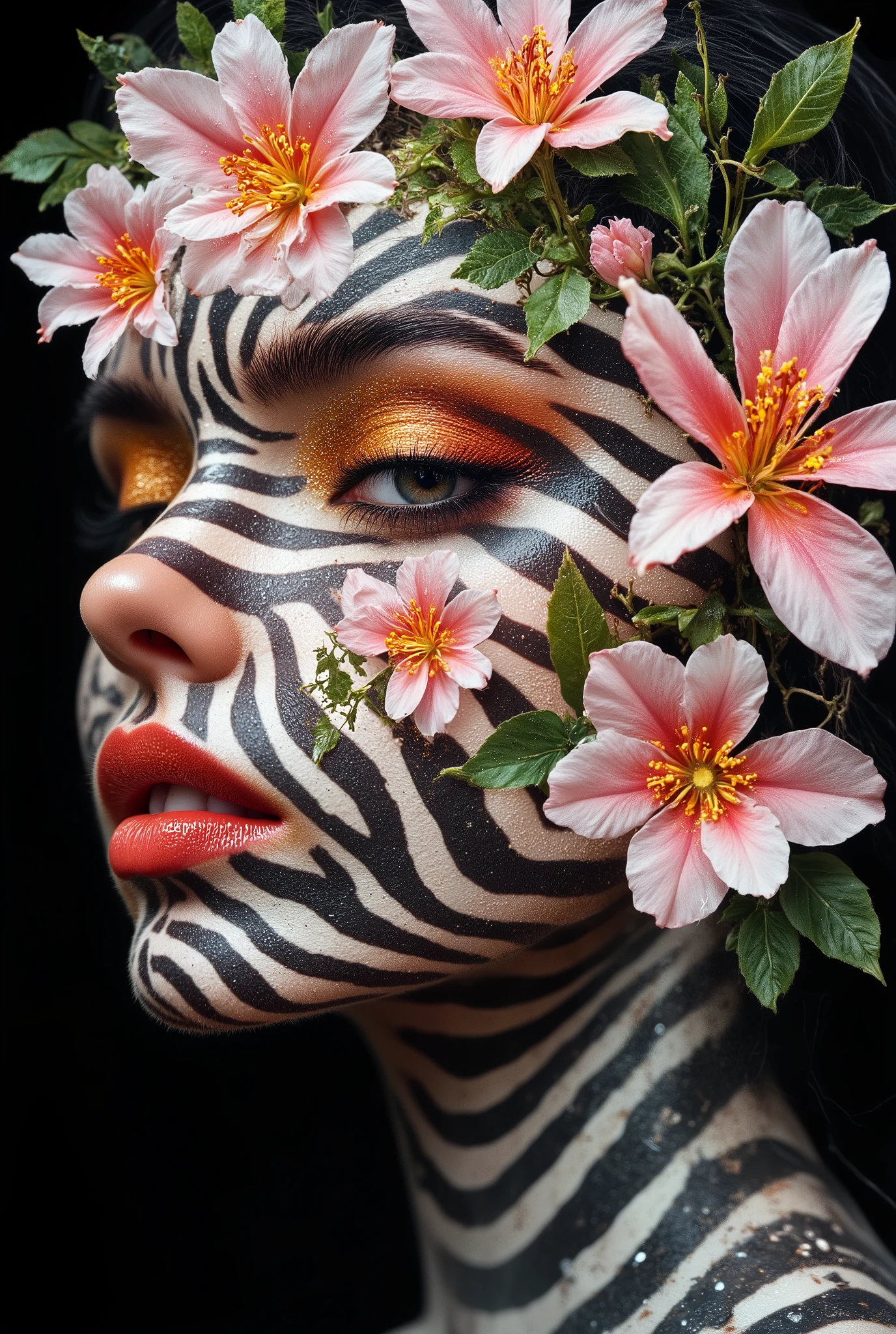 Image is a digital artwork featuring a surreal portrait of a human face intertwined with vibrant flowers. The style is abstract and colorful, with a dark background that accentuates the vivid hues. The face is painted with zebra-like black and white stripes, while the eyes are closed, adorned with bright orange and gold eyeshadow. The lips are a striking orange, complementing the overall color scheme. Surrounding the face are large, exotic flowers with white petals and vivid pink and yellow centers, creating a dynamic and flowing composition. The flowers and stripes blend seamlessly, giving the image a dreamlike quality. The layout is vertical, focusing on the face and flowers, with swirling elements adding movement and depth.