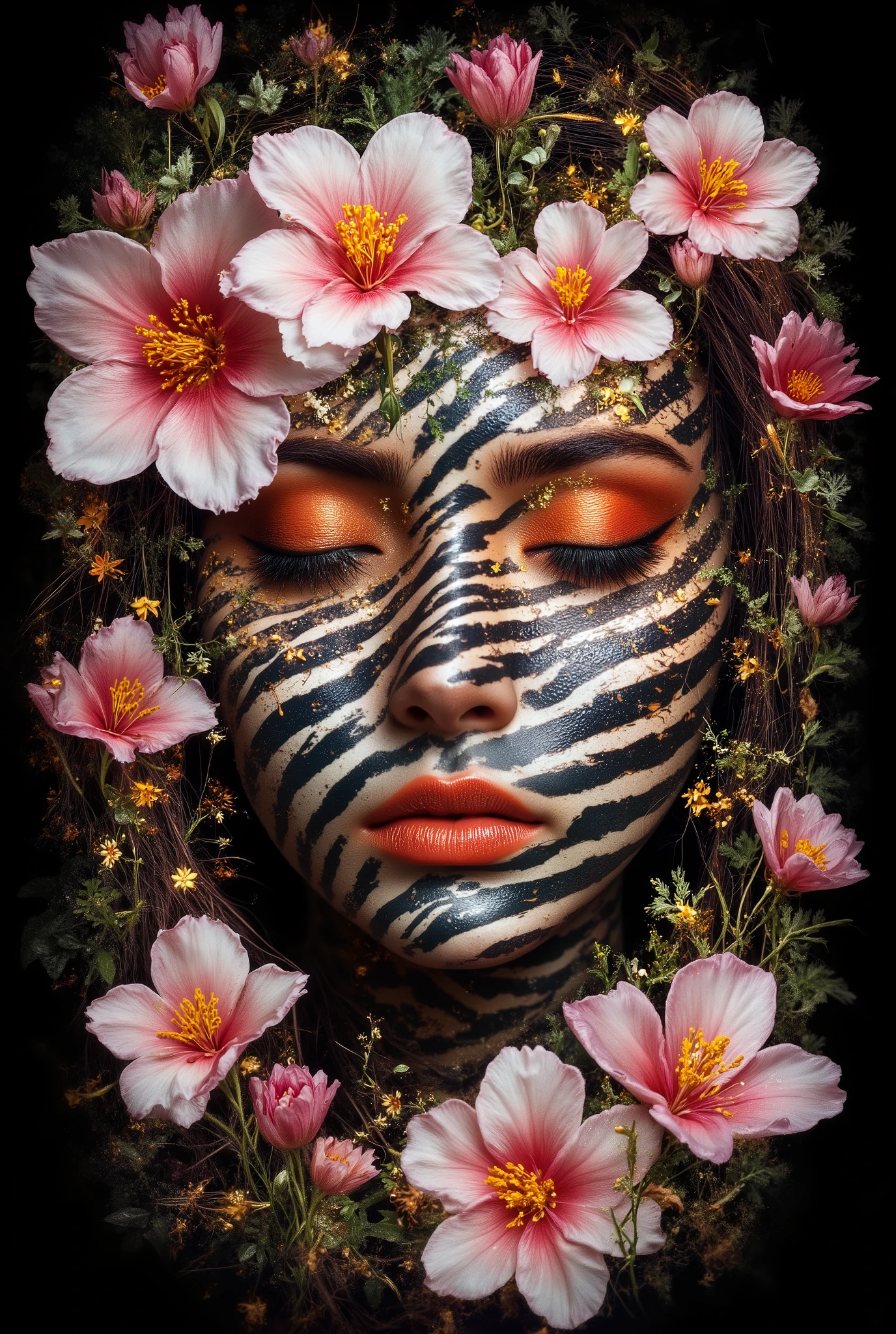 Image is a digital artwork featuring a surreal portrait of a human face intertwined with vibrant flowers. The style is abstract and colorful, with a dark background that accentuates the vivid hues. The face is painted with zebra-like black and white stripes, while the eyes are closed, adorned with bright orange and gold eyeshadow. The lips are a striking orange, complementing the overall color scheme. Surrounding the face are large, exotic flowers with white petals and vivid pink and yellow centers, creating a dynamic and flowing composition. The flowers and stripes blend seamlessly, giving the image a dreamlike quality. The layout is vertical, focusing on the face and flowers, with swirling elements adding movement and depth.