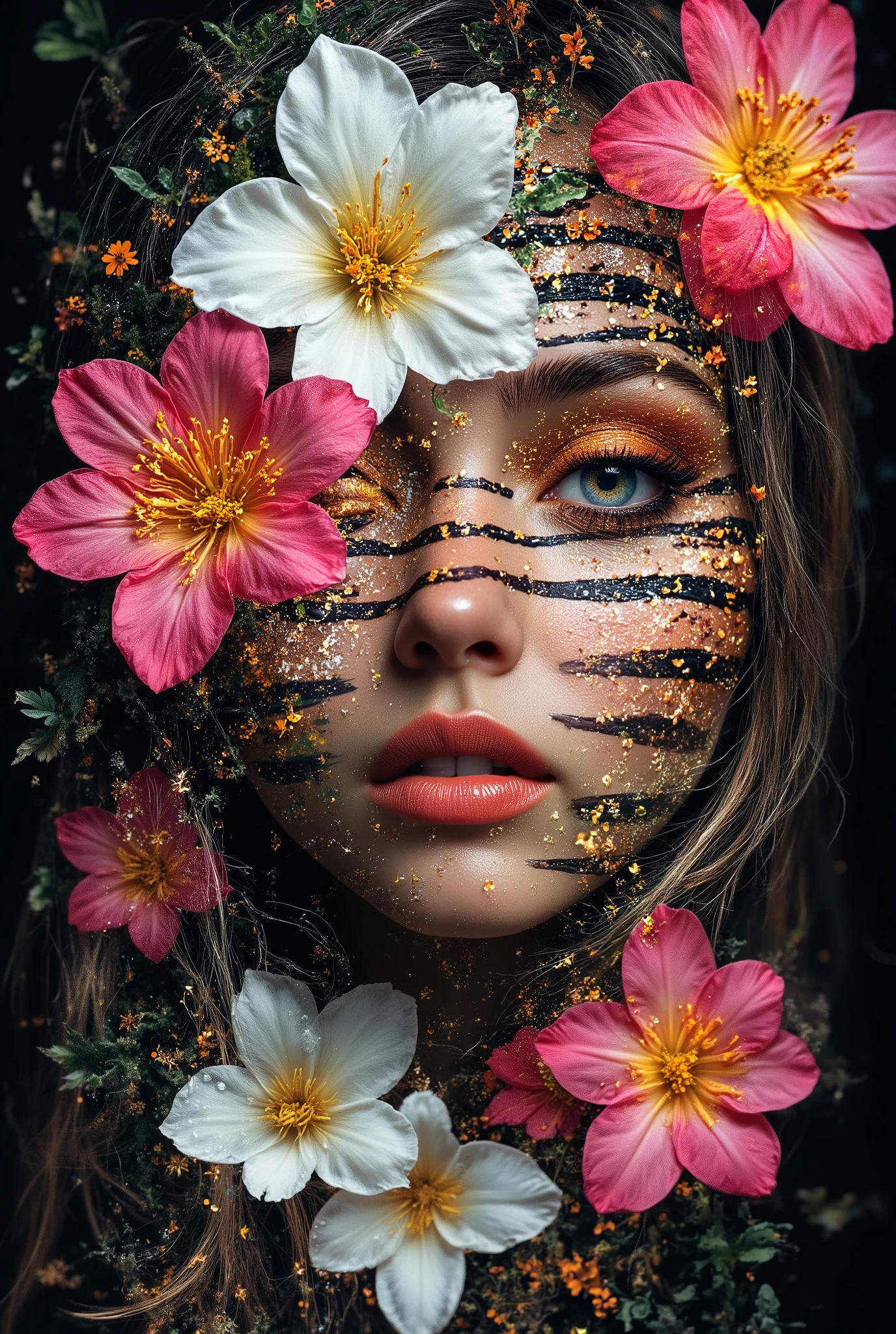 Image is a digital artwork featuring a surreal portrait of a human face intertwined with vibrant flowers. The style is abstract and colorful, with a dark background that accentuates the vivid hues. The face is painted with zebra-like black and white stripes, while the eyes are closed, adorned with bright orange and gold eyeshadow. The lips are a striking orange, complementing the overall color scheme. Surrounding the face are large, exotic flowers with white petals and vivid pink and yellow centers, creating a dynamic and flowing composition. The flowers and stripes blend seamlessly, giving the image a dreamlike quality. The layout is vertical, focusing on the face and flowers, with swirling elements adding movement and depth.