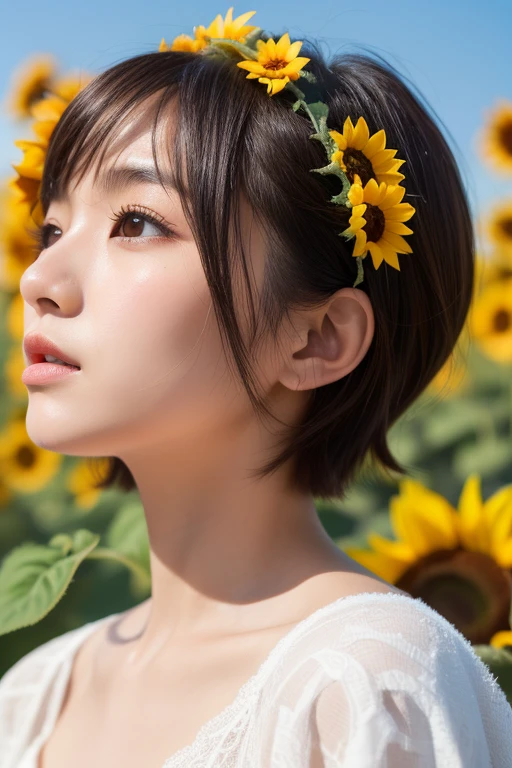 ((Highest quality)), ((masterpiece)), (detailed), (Japanese),, Black Hair,(Childish face), (Bob Hair), Girl , big Breasts,  ((topless)), ((Blue eyes)),half-smile ,, Sunlight, from_Side, arched back, (close_up) ,,Cosmos field ,Sunflower field ,(foam),