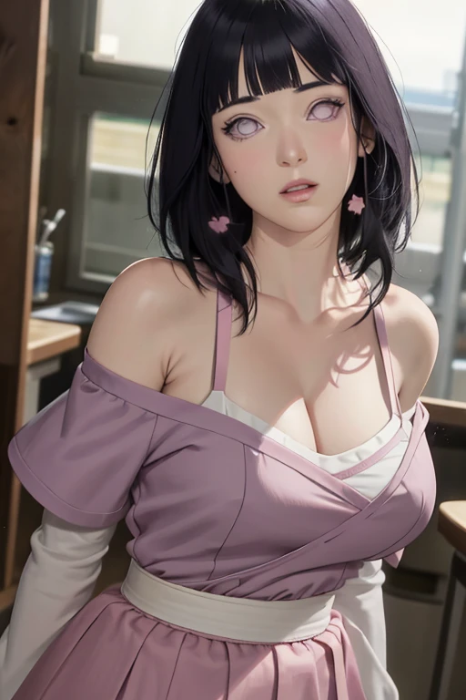masterpiece, absurdres, hinata\(boruto\), 1girl, solo,mature female, off-shoulder strap bra, high waist short skirt, looking at viewer, perfect composition, detailed lips, big breast, beautiful face, body propotion, blush, (pink lips), long hair, purple eyes, soft gaze, super realistic, detailed, photoshoot, realistic face and body,