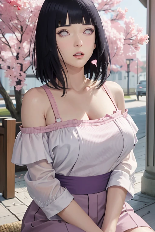 masterpiece, absurdres, hinata\(boruto\), 1girl, solo,mature female, off shoulder floral dress, looking at viewer, (falling petals), perfect composition, detailed lips, big breast, beautiful face, body propotion, blush, (pink lips), long hair, purple eyes, soft gaze, super realistic, detailed, photoshoot, realistic face and body, sexual expression, seductive expression,((big tits))