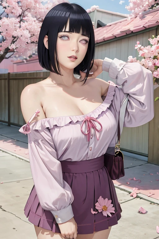 masterpiece, absurdres, hinata\(boruto\), 1girl, solo,mature female, off shoulder floral dress, looking at viewer, (falling petals), perfect composition, detailed lips, big breast, beautiful face, body propotion, blush, (pink lips), long hair, purple eyes, soft gaze, super realistic, detailed, photoshoot, realistic face and body, sexual expression, seductive expression,((big tits))
