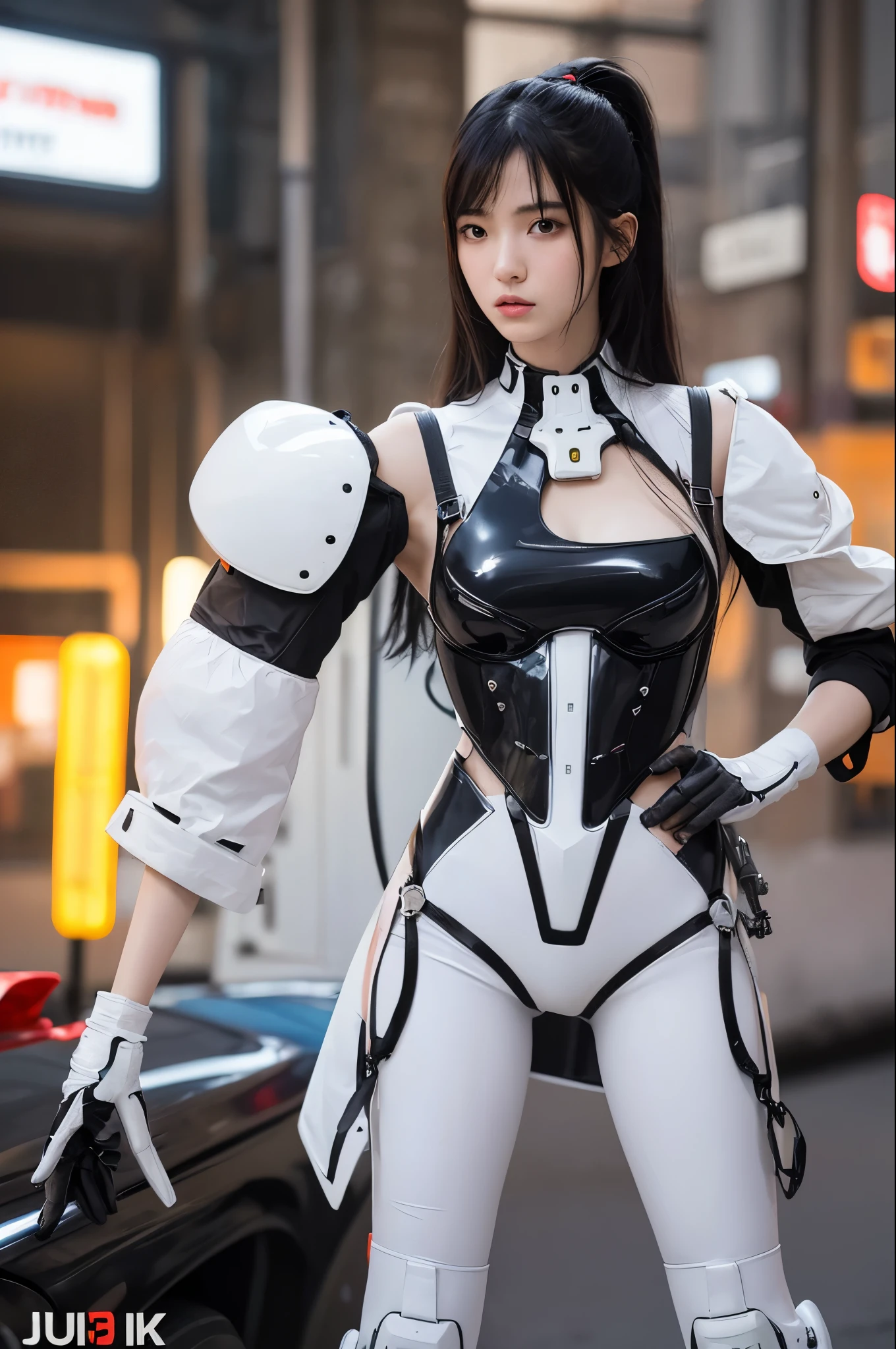 (((obra prima)))、((qualidade superior))、(O ultra-detalhado)、8k、(Muito nobre e bonito))、Cinematic light、((1 mechanical girl))、Olhando aqui、White ceramic body、um olho roxo、Seios colossais、The cleavage is visible、Apenas um、(mechanical joint:1.4)、((Mechanical limb))、(blood vessels attached to tubes)、((Mechanical spine attached to the back))、((Mechanical cervical vertebrae adhered to the neck))、(Wires and cables attached to the head and body:1.5)、 Neon details、scientific fiction、Cowboy baleado、The backdrop is Cyberpunk City,pernas abertas