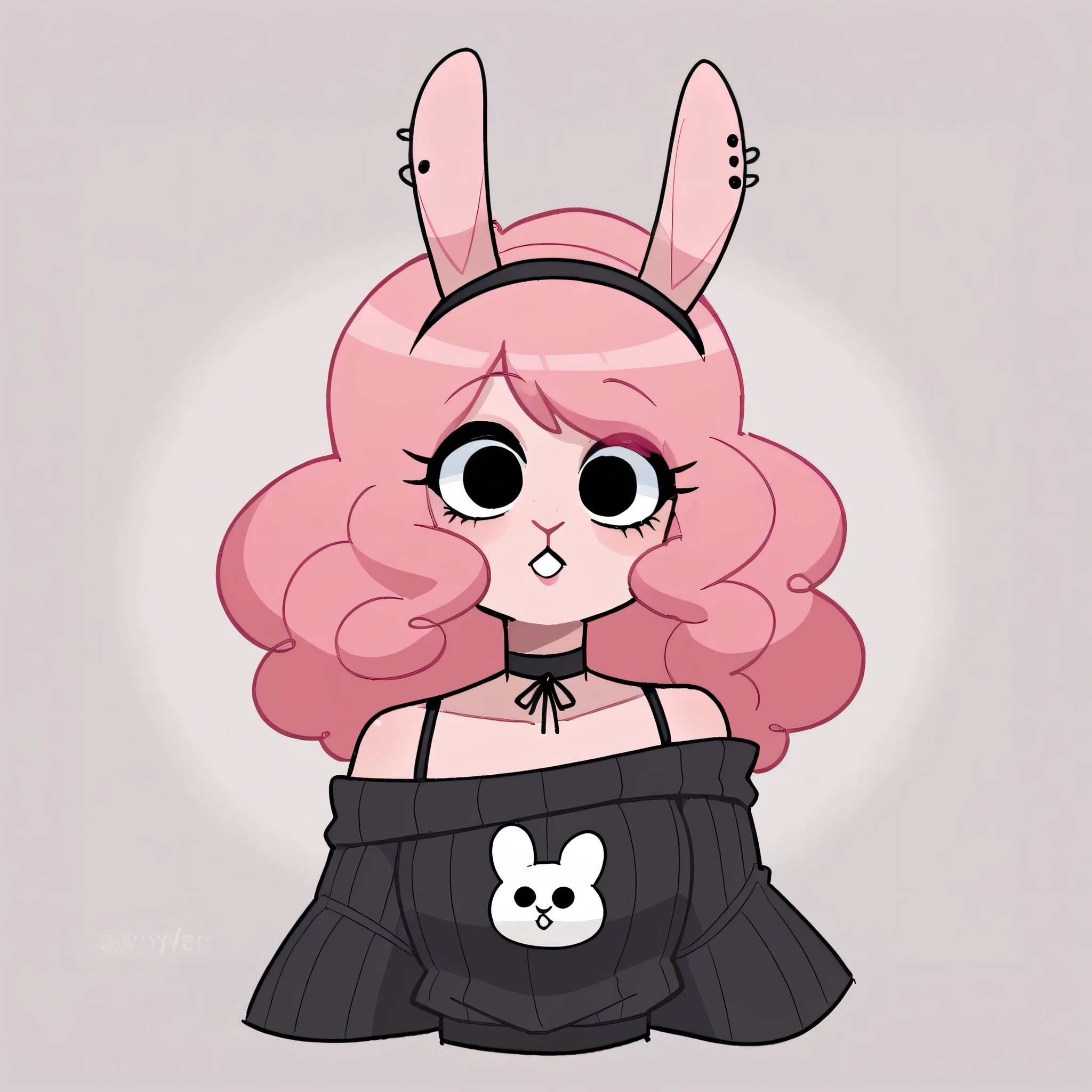 better quality, very detailed illustration , , ( Anthropomorphic furry rabbit:1,7), ruffled voluminous bouncy hair , rabbit ears, playful look, delgado, ideal body, thin waist , wide hips, simple drawing, Artifyber style , pastel flat colors , beautiful, cartoon ,solo, long curly pink hair, off the shoulder dress sweater, goth outfit, full-frontal, facing forward, head shot