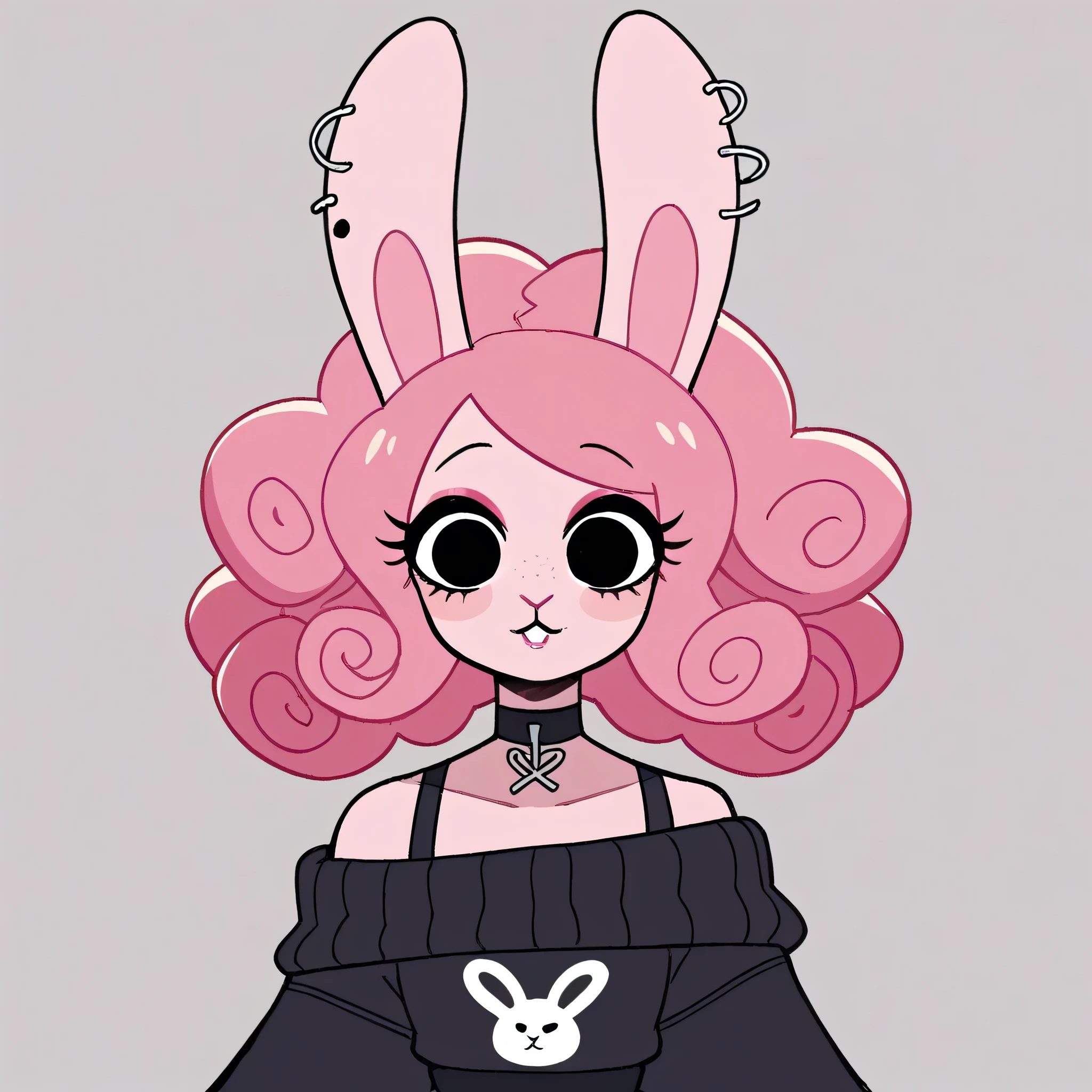 better quality, very detailed illustration , , ( Anthropomorphic furry rabbit:1,7), ruffled voluminous bouncy hair , rabbit ears, playful look, delgado, ideal body, thin waist , wide hips, simple drawing, Artifyber style , pastel flat colors , beautiful, cartoon ,solo, long curly pink hair, off the shoulder dress sweater, goth outfit, full-frontal, facing forward, head shot