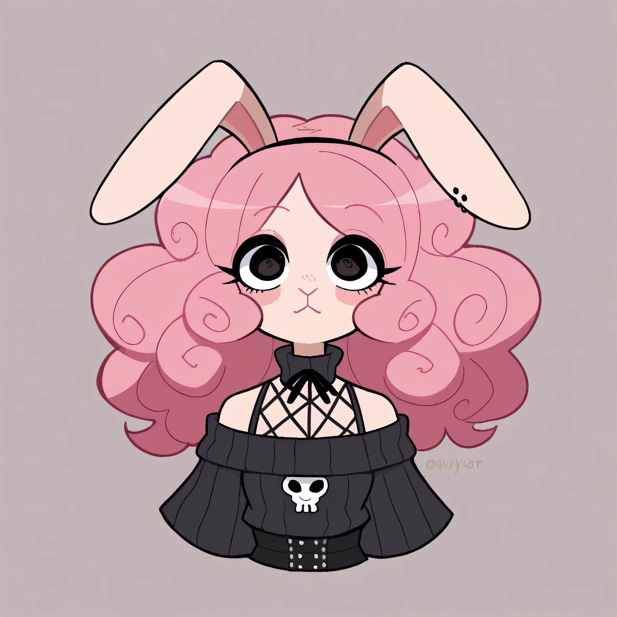 better quality, very detailed illustration , , ( Anthropomorphic furry rabbit:1,7), ruffled voluminous bouncy hair , rabbit ears, playful look, delgado, ideal body, thin waist , wide hips, simple drawing, Artifyber style , pastel flat colors , beautiful, cartoon ,solo, long curly pink hair, off the shoulder dress sweater, goth outfit, full-frontal, facing forward, head shot