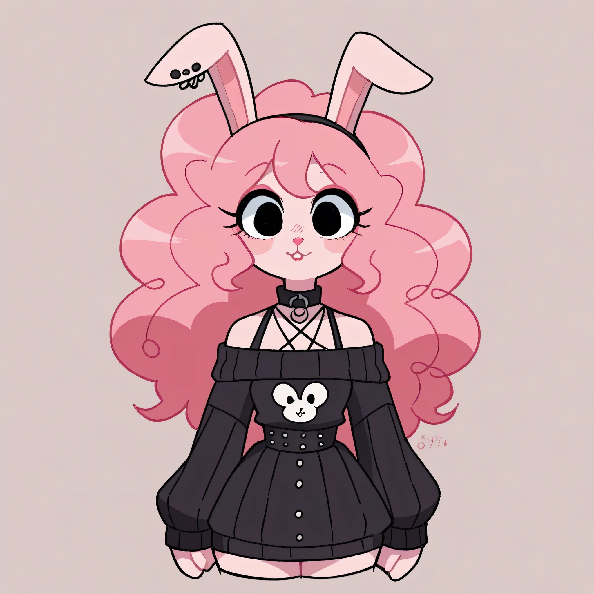better quality, very detailed illustration , , ( Anthropomorphic furry rabbit:1,7), ruffled voluminous bouncy hair , rabbit ears, playful look, delgado, ideal body, thin waist , wide hips, simple drawing, Artifyber style , pastel flat colors , beautiful, cartoon ,solo, long curly pink hair, off the shoulder dress sweater, goth outfit, full-frontal, facing forward, head shot