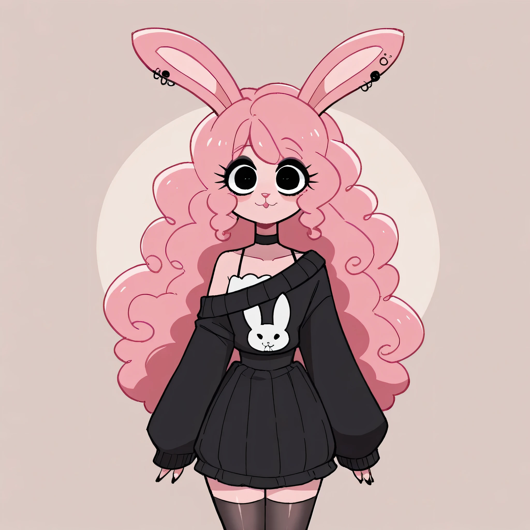 better quality, very detailed illustration , , ( Anthropomorphic furry rabbit:1,7), ruffled voluminous bouncy hair , rabbit ears, playful look, delgado, ideal body, thin waist , wide hips, simple drawing, Artifyber style , pastel flat colors , beautiful, cartoon ,solo, long curly pink hair, off the shoulder dress sweater, goth outfit, full-frontal, facing forward, head shot