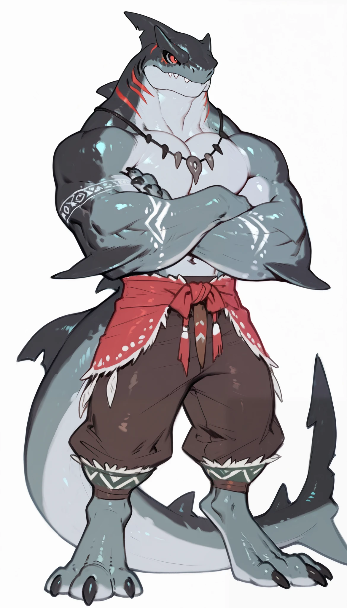 sharkman, anthro megalodon, darker hands and fins, black back, solo, big arms, bara, detailed skin, lizard shark hybrid, anthro, closed mouth, tribal polynesian tattoos, detailed shark skin, scalie arms, fins on arms, gray color body, beefy, thick scales on arms, digitigrade legs, proporcional body, mercenary pants, wide chest, trapezoid body type, marked jaw, thick shark tail, The design incorporates elements from various shark species, such as the dorsal fin, sharp teeth, and muscular build, best quality, sketch, ultra-detailed, by Buta99, by taran fiddler, by honovy, by Riolutiny, detailed illustration of 4K horror, standing with crossed arms