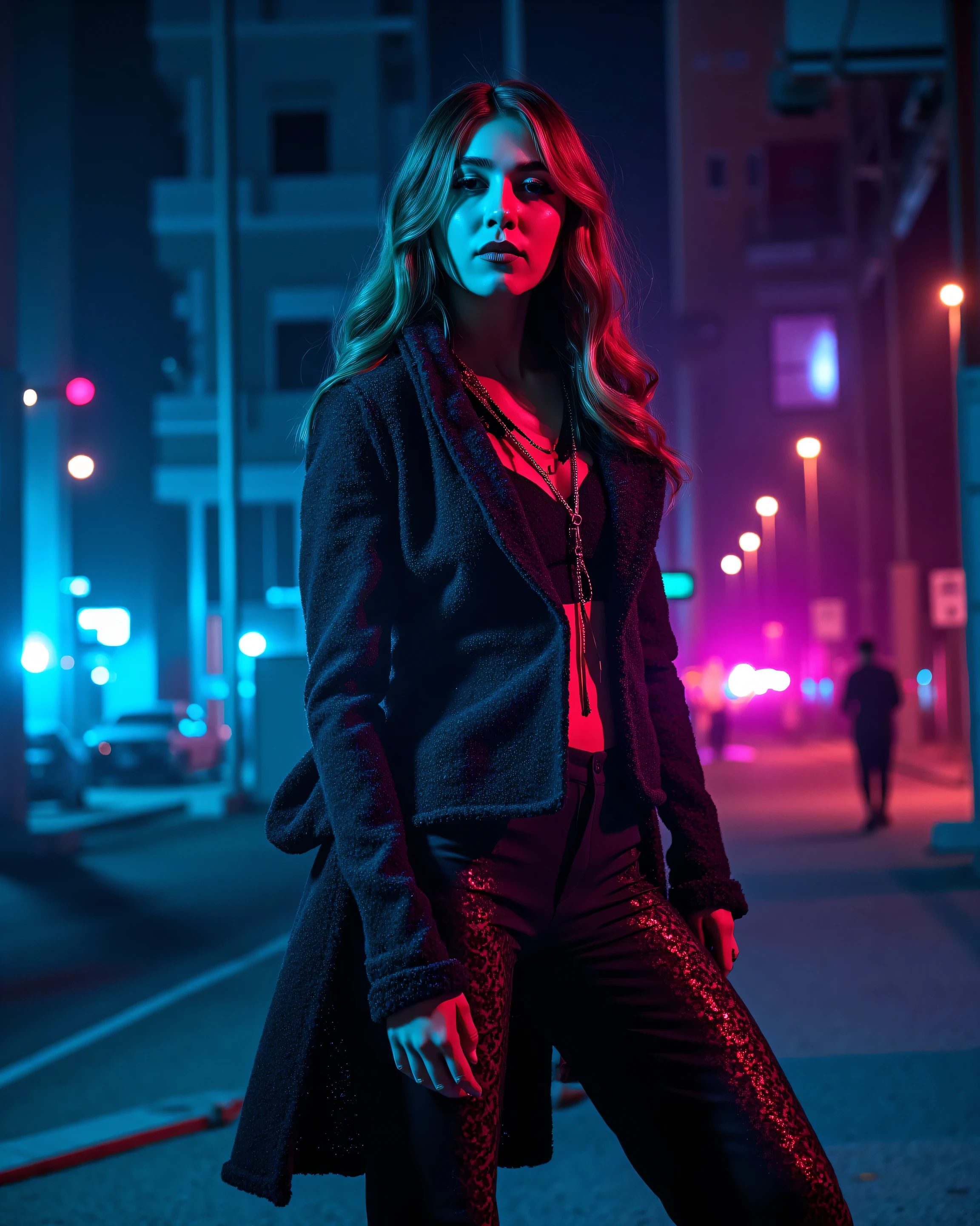 "Fashion photography of a (stylish young woman posing confidently in an urban construction environment at night:1.1), dressed in (edgy and modern haute couture clothing, with interesting textures and silhouettes:1.2), on a (nighttime urban construction site with scaffolding, steel beams, and visible building materials:1.1), with (multiple transparent overlays of complex and dynamic nighttime cityscapes:1.2) over her figure and the surroundings, (bright and colorful city lights, such as neon, streetlights, and building lights, integrated into the overlays:1.2), (rich and vibrant nighttime color palette, with dark shades of blue, purple, magenta, and hints of warm and cool city lights:1.3), (complex urban transparencies creating layers of depth and merging the model with the city in an abstract and stylized way:1.2), (editorial fashion photography style with an urban and edgy feel:1.3), (studio lighting and street lights combined to highlight the model and the textures of the building and city overlay:1.3), (dynamic and expressive fashion poses contrasting with the industrial surroundings:1.3), (medium frame or full body to show the clothing and the interaction with the surroundings:1.3), (selective depth of field to focus on the model or play with the focus on the urban layers:1.3), (raw building textures and modern urban textures in the overlays:1.3), (high resolution and sharpness to capture the details of the fashion, building and the night city:1.3), (conceptual and editorial fashion photography with a strong urban and graphic design component:1.3)."