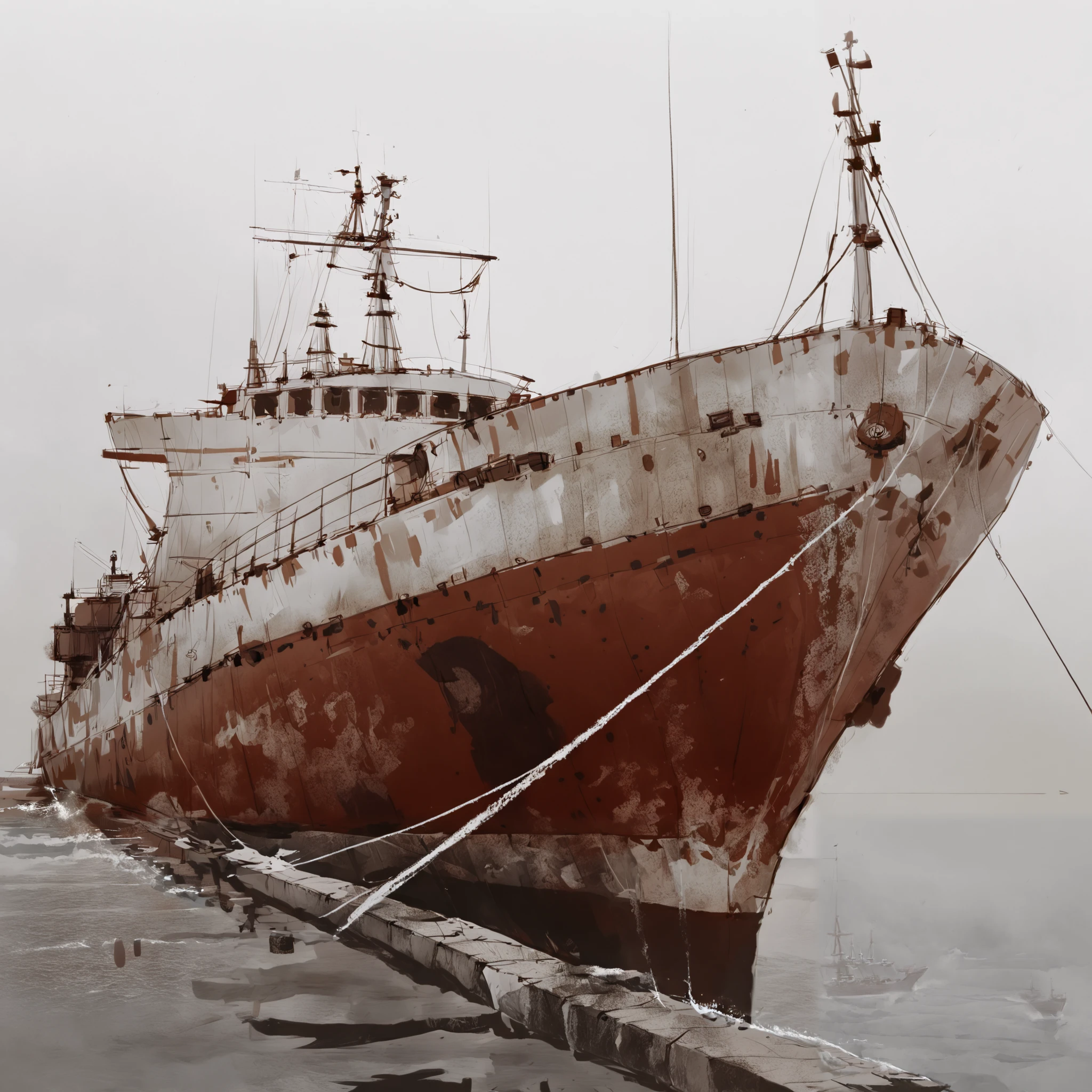 in a sketch style, pencil sketch style, storyboard sketch mode, arafed ship docked in a harbor with a rope tied to it, old wooden ship, utilitarian cargo ship, portrait of a sunken ship, destroyed ship, water surrounds the ship, a ship lost in a storm, ship on lake, sunken ship, by Richard Carline, aleksander rostov, unusual composition, big graphic seiner ship