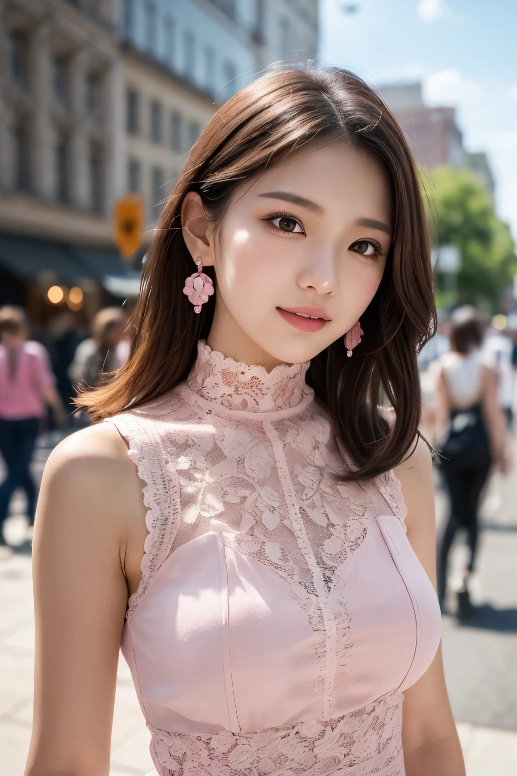 a woman posing on the street corner with pink dress on, best quality, high res, 8k, 1girl, (huge breasts), day, bright, outdoor, (street:0.8), (people, crowds:1), (lace-trimmed dress:1.5, pink clothes:1.5, pink high-neck dress:1.5, sleeveless dress, pink dress: 1.5), gorgeous, (medium hair), beautiful detailed sky, beautiful earrings, (dynamic pose:0.8), (upper body:1.2), soft lighting, wind, shiny skin, looking at viewer,