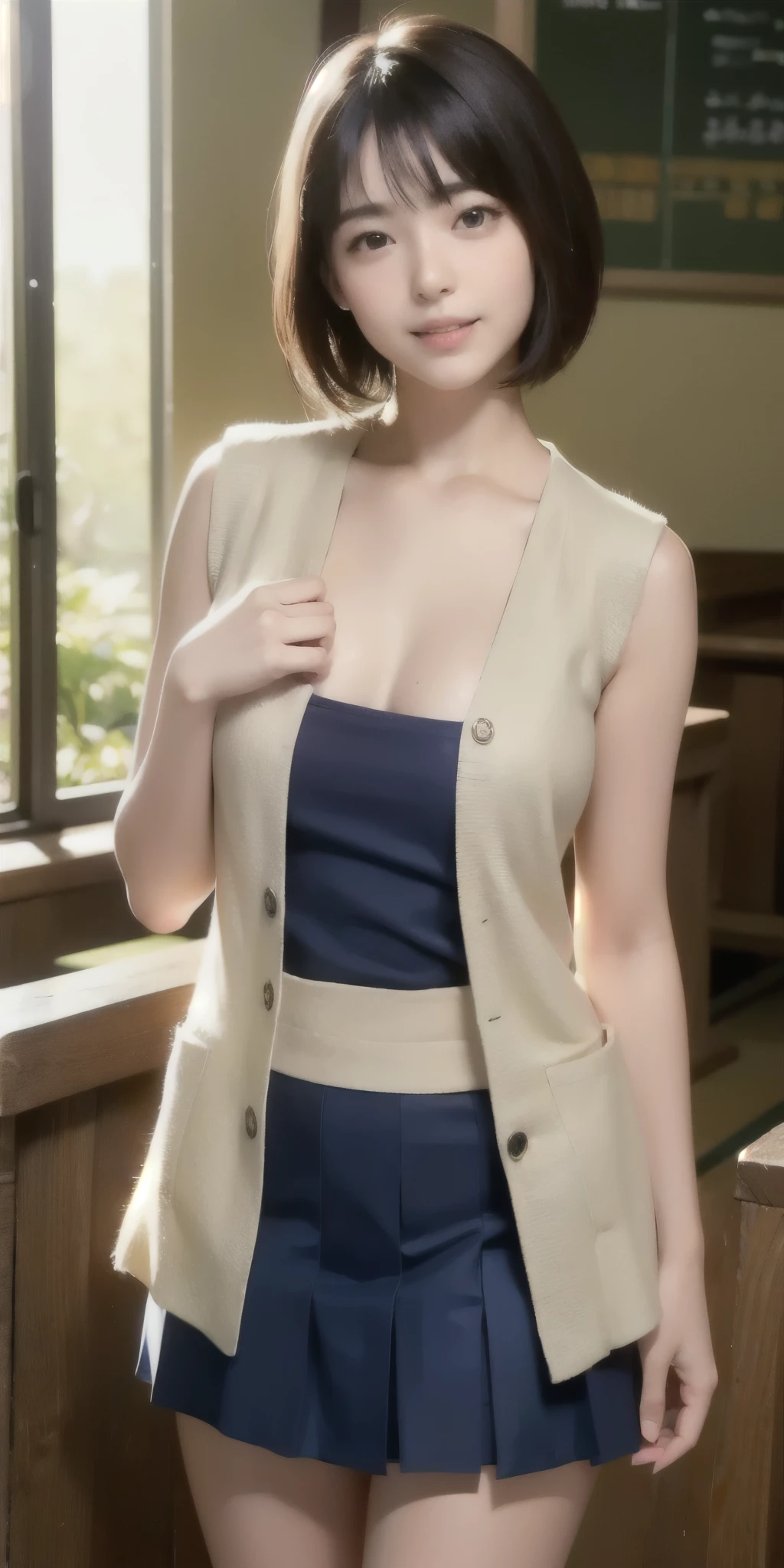 best quality, face focus, soft light, super high resolution, ( photo realistic:1.4), RAW photos , 1 Japanese Girl , solo, is cute , ( embarrassed smile:0.5), ( brown eyes, light in the eyes ), detailed and beautiful face, ( small breasts), ( High Resolution Details of Human Skin Texture), ( short bob hair), break, In the classroom, navy blue sailor suit, vest, skirt