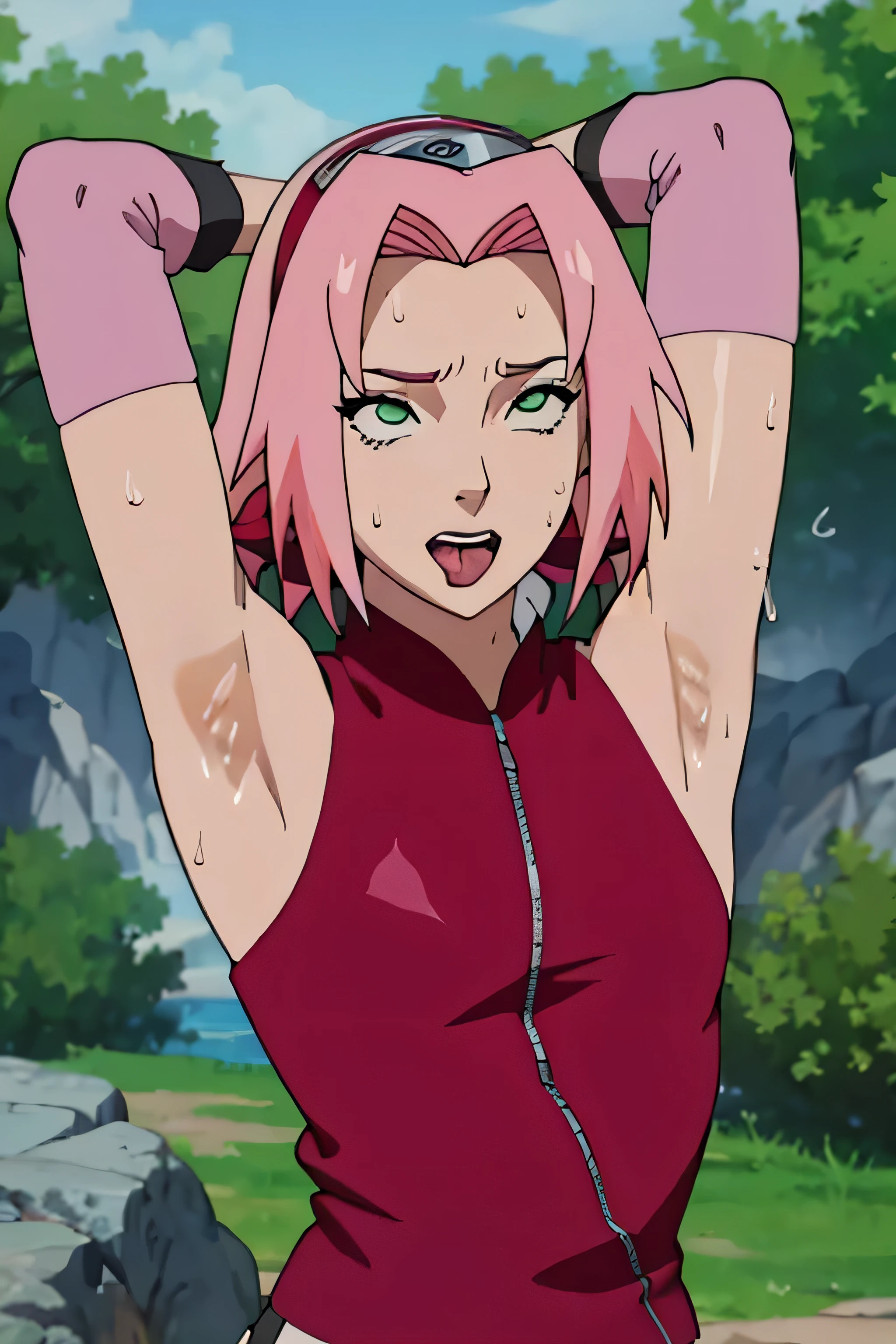 Sakura Haruno,human woman with fair skin.with green eyes and red clothing. Her hair is long and pink in color; She is beautiful. Fair skin.Tsundere face. Pink eye shading,mature appearance,armpits,sweat,sweaty,sweaty armpits,arms up,showing armpits,awesome armpits,outfit,blackish red arm warmers,maroon arm bands,maroon arm warmers,tongue