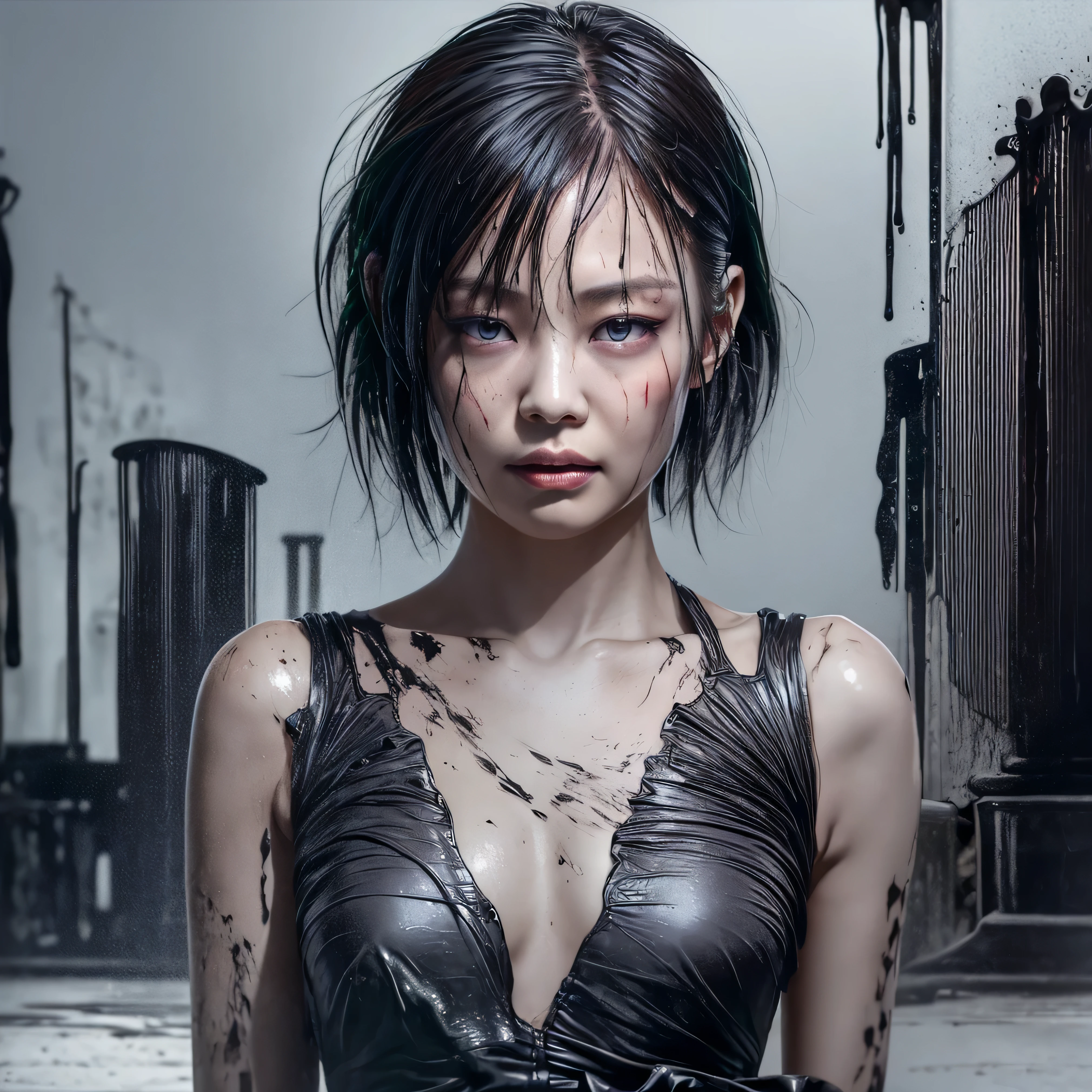 masterpiece, best quality, 1 woman, adult, young appearance, tall and thin woman, dark hair, scared expression, scars on face, no right eye, dark theme, rainbow sunlight, hidden in rubble, floating glass piece, rainbow light, post-apocalyptic landscape, starlight around character, (upper body)