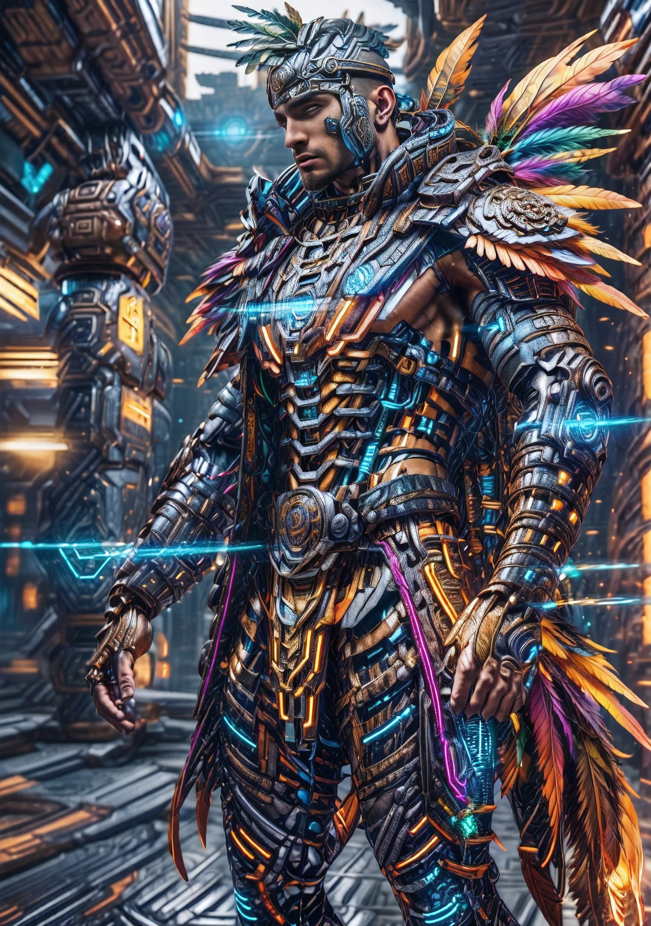 ((Masterpiece, High Quality)), Best Quality, highly detailed , ultrarealistic , cinematic, best quality, high resolution ,realistic , photorealistic realistic eyes, intricate details, detailed background, depth of field, dynamic pose, dynamic angle ,male focus ,muscled man (1.0) ,handsome (detailed face) ,Young Arafed muscular chiseled very handsome man , (( azt3ch, photo of a south american man wearing coat, science fiction, neon light, mechanical, feathers, dynamic pose, fantasy aztec city background, pants, shirt , detail face, tool enhancer ,slider 1.0)), realistic, masterpiece, intricate details, detailed background, depth of field, photo of a man ,looking like courage , ((light bokeh)) , highlighting the strong muscle lines , symbol of strength. Perspective and perspective: shooting from a low angle , highlighting the height and majesty of men. Or use a side perspective to show the posture and tattoo of a men.
