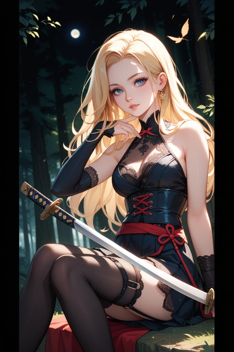 masterpiece, best quality, highres, ddshinobu, hair ribbon, black ribbon, pointy ears, lips, large breasts, collarbone, cleavage, bare shoulders, red dress, elbow gloves, white gloves, <lora:oshino_shinobu_v1:0.8>, grass, stadium, night, standing, holding sword, weapon, katana,