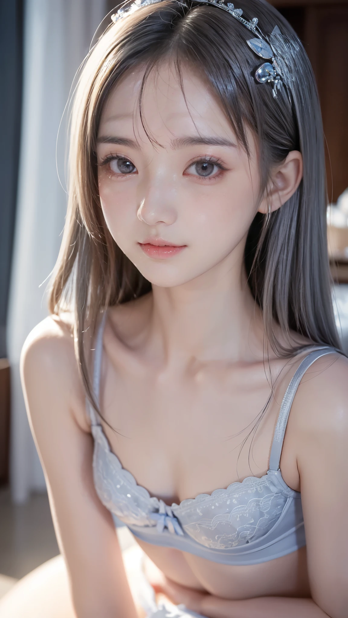 big eyes、Beautiful breasts、blue eyes、 slender body line 、 beautiful waistline、Super cute girl、、(( ite figure、Youby Face、Idoy cute thin underwear))、( mischievous pose )、nice hair 、 Silver Hair、9From head to body、Naughty smile、blush、Beautiful small face、Lovely-shaped lips、Moisturizing Lips、 best quality 、8k、 RAW photos 、 Ultra Fine、 reality、 stage top 、Immersion、 detailed hands 、 perfect right hand、 Detailed Eyes and Faces 、 Professional Shooting Techniques 、Professional lighting techniques